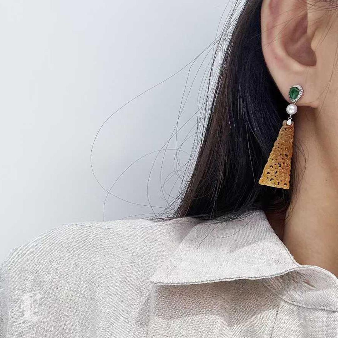 Uncut 【Jādora】Type A Yellow Jadeite & Akoya Pearl Drop Earrings with Diamond Accents For Sale