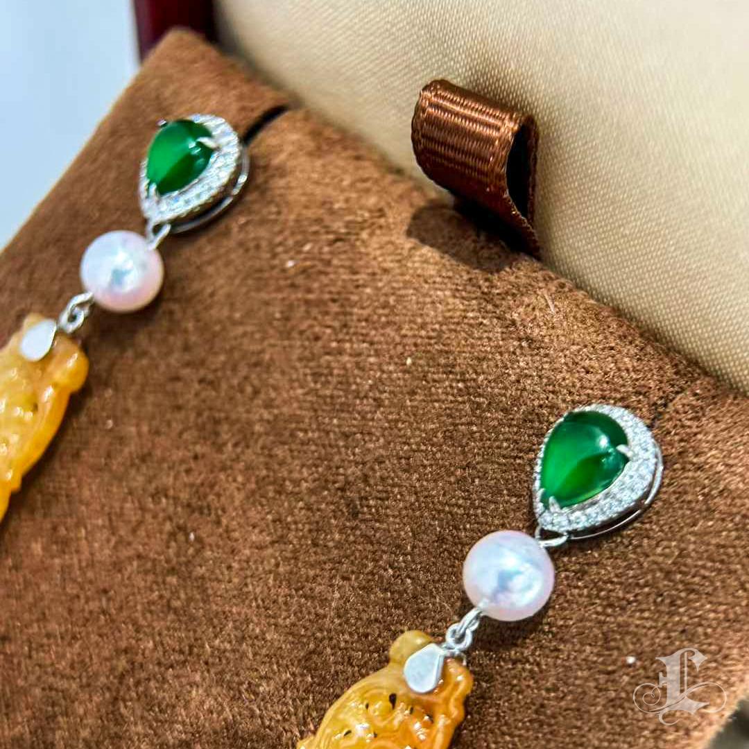 【Jādora】Type A Yellow Jadeite & Akoya Pearl Drop Earrings with Diamond Accents For Sale 2