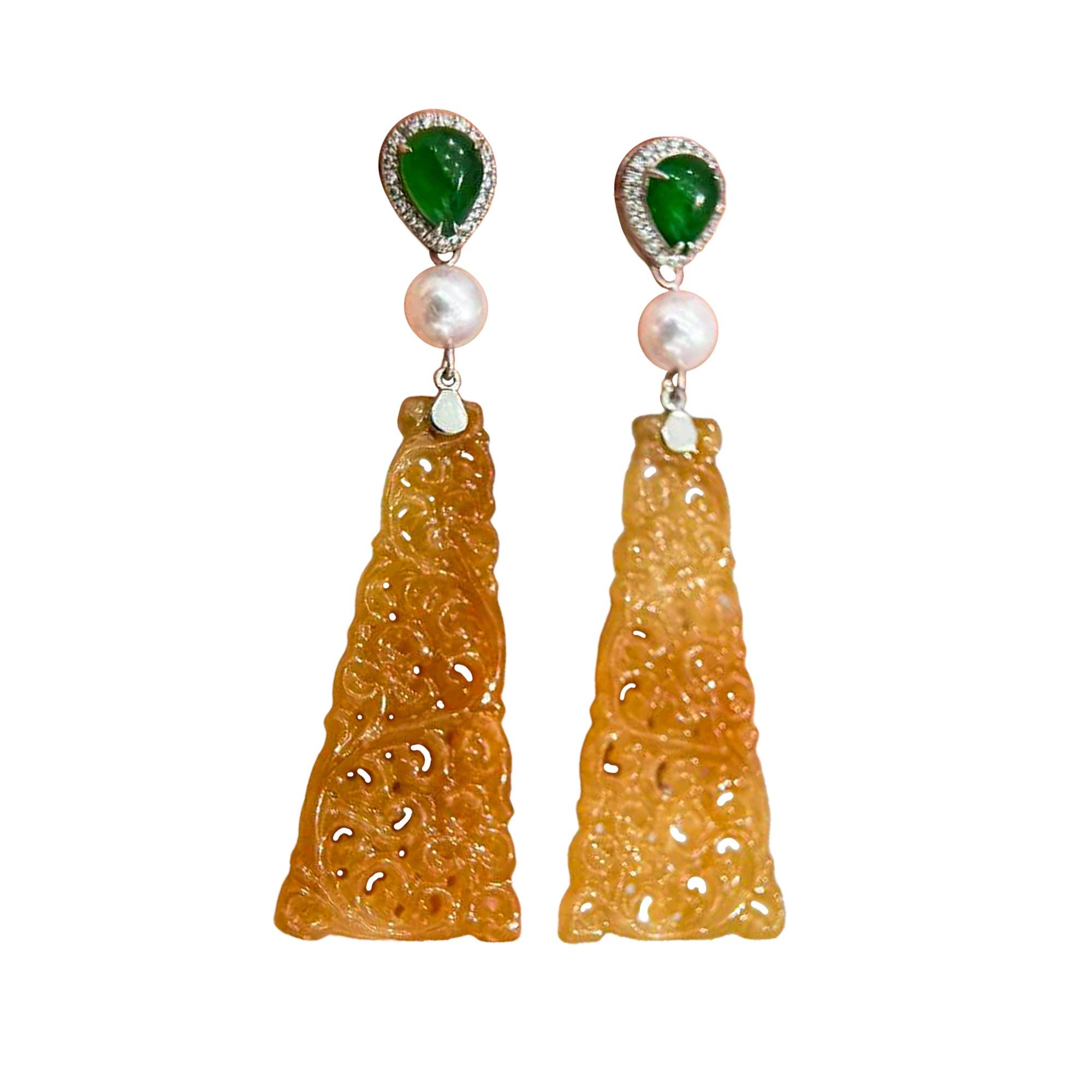 【Jādora】Type A Yellow Jadeite & Akoya Pearl Drop Earrings with Diamond Accents For Sale