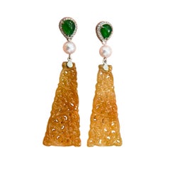 【Jādora】Type A Yellow Jadeite & Akoya Pearl Drop Earrings with Diamond Accents