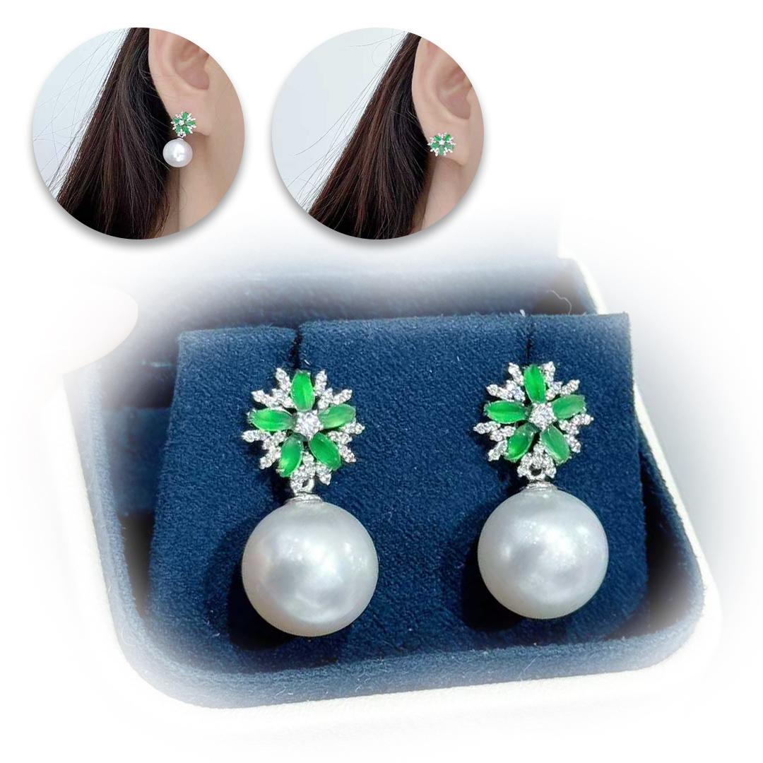 【Jādora】Verdant Bloom - Wandelbare Typ A Jadeit & Südsee Perlen Ohrringe (Ungeschliffen) im Angebot