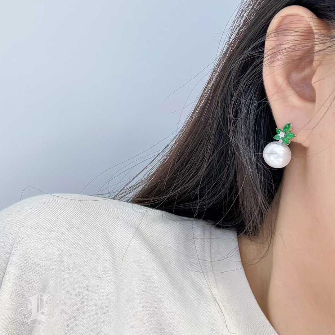 【Jādora】Verdant Bloom - Pendientes convertibles de jadeíta tipo A y perlas del mar del sur Sin cortar en venta