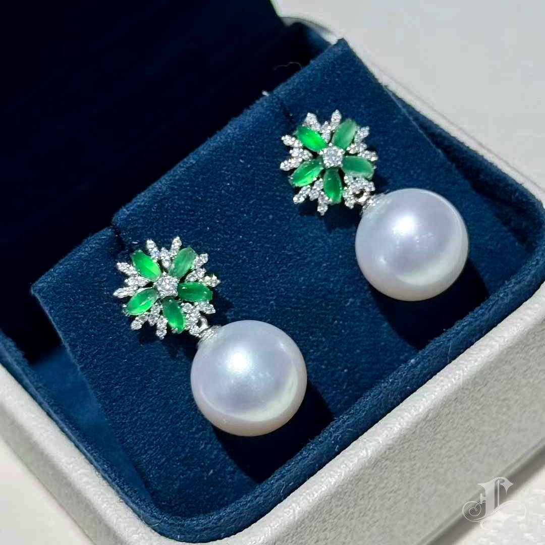 【Jādora】Verdant Bloom - Wandelbare Typ A Jadeit & Südsee Perlen Ohrringe im Angebot 4