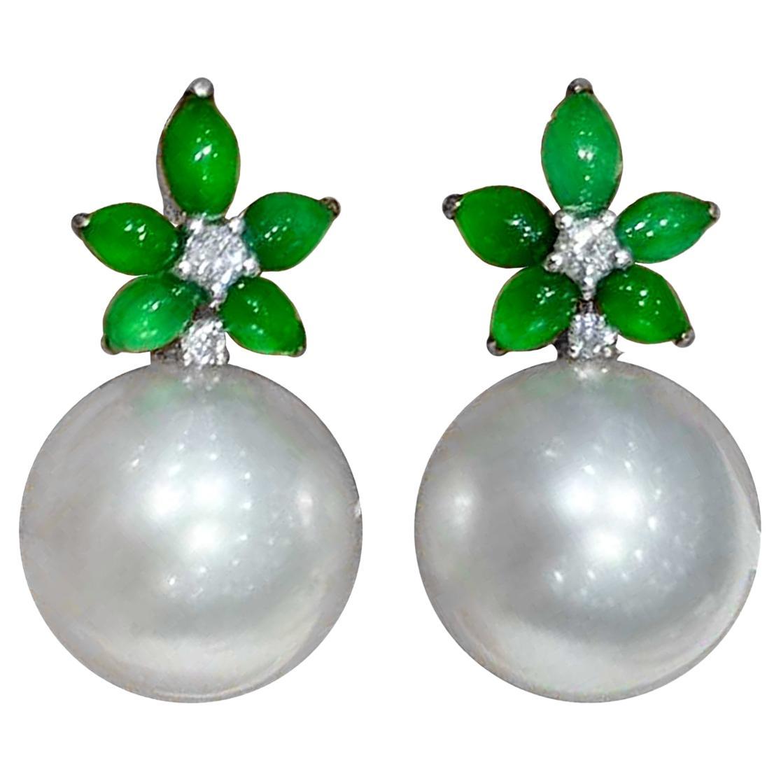 【Jādora】Verdant Bloom - Wandelbare Typ A Jadeit & Südsee Perlen Ohrringe