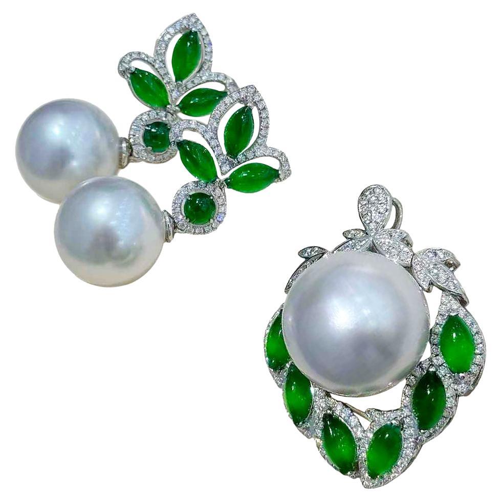 【Jādora】Verdant Bloom Jadeite & South Sea Pearl Earrings and Pendant Set