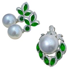 【Jādora】Verdant Bloom Jadeite & South Sea Pearl Earrings and Pendant Set