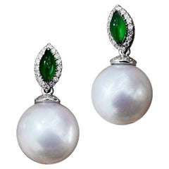 【Jādora】Whisperleblatt Jade & Diamant Südsee Perlen Ohrringe
