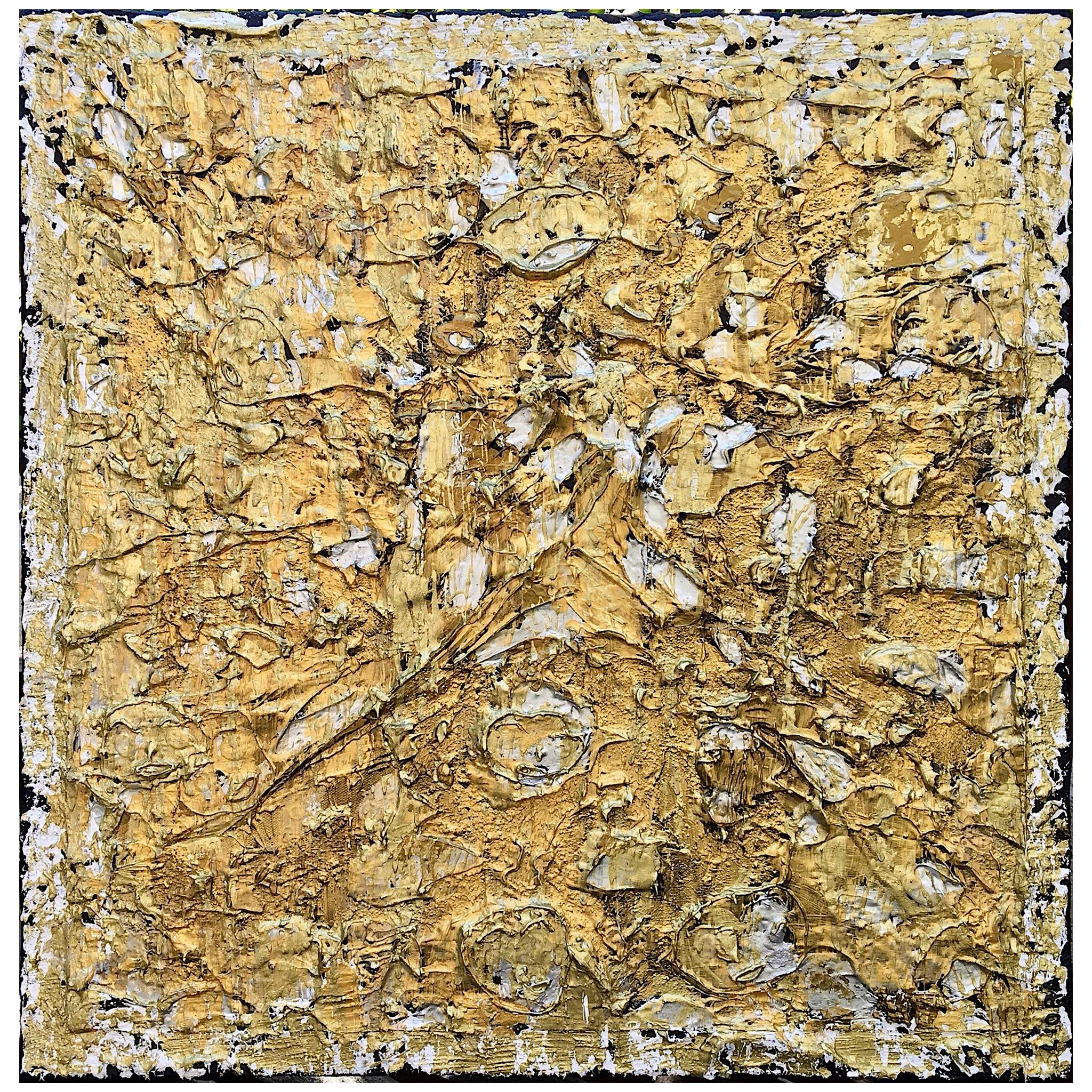 Painting J'Adore 3 by Liora Textured Square Gold Abstract Canvas Contemporary For Sale