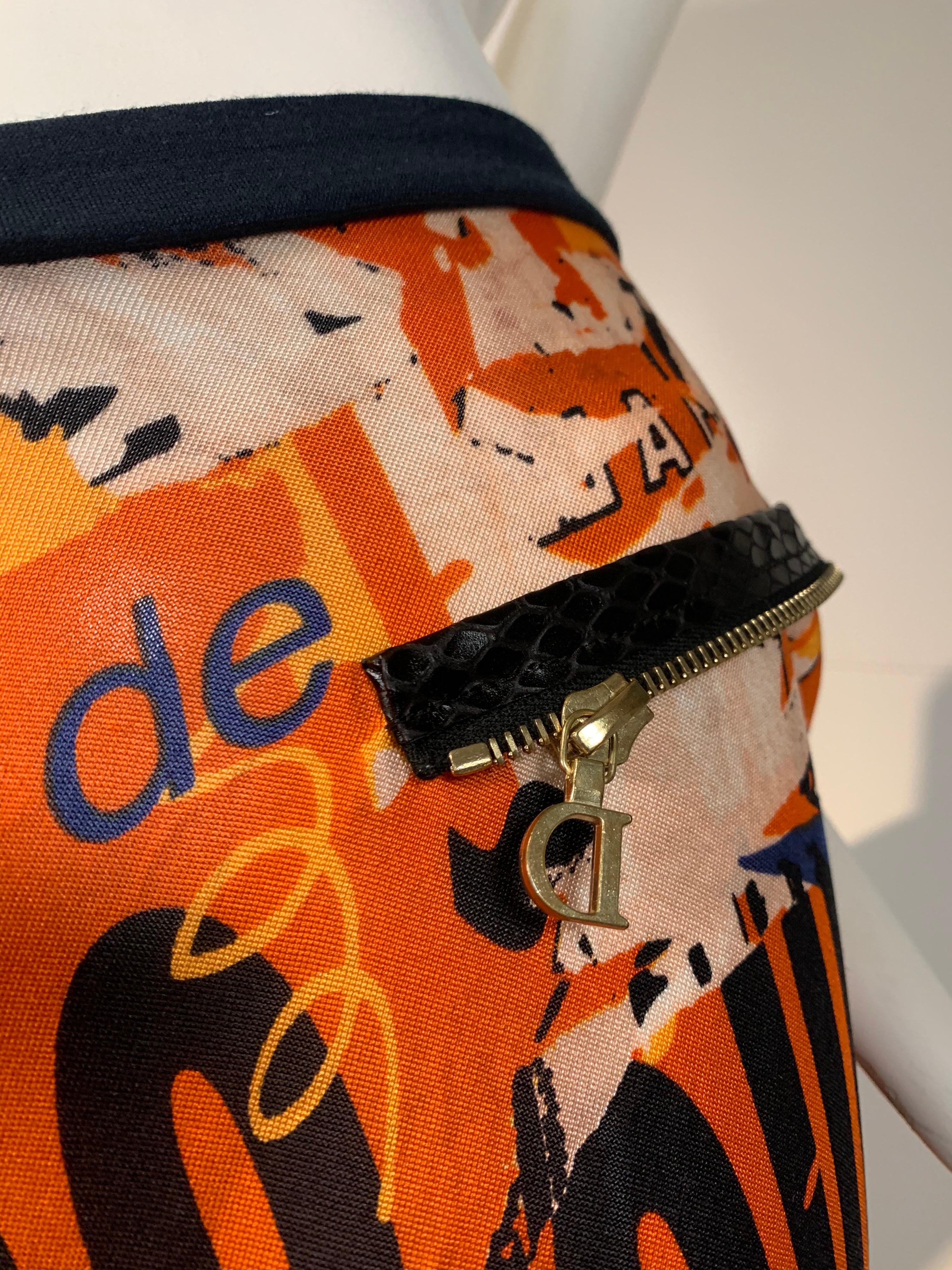 J’Adore Christian Dior by John Galliano Orange Jersey Print Zip Skirt Size 6 2