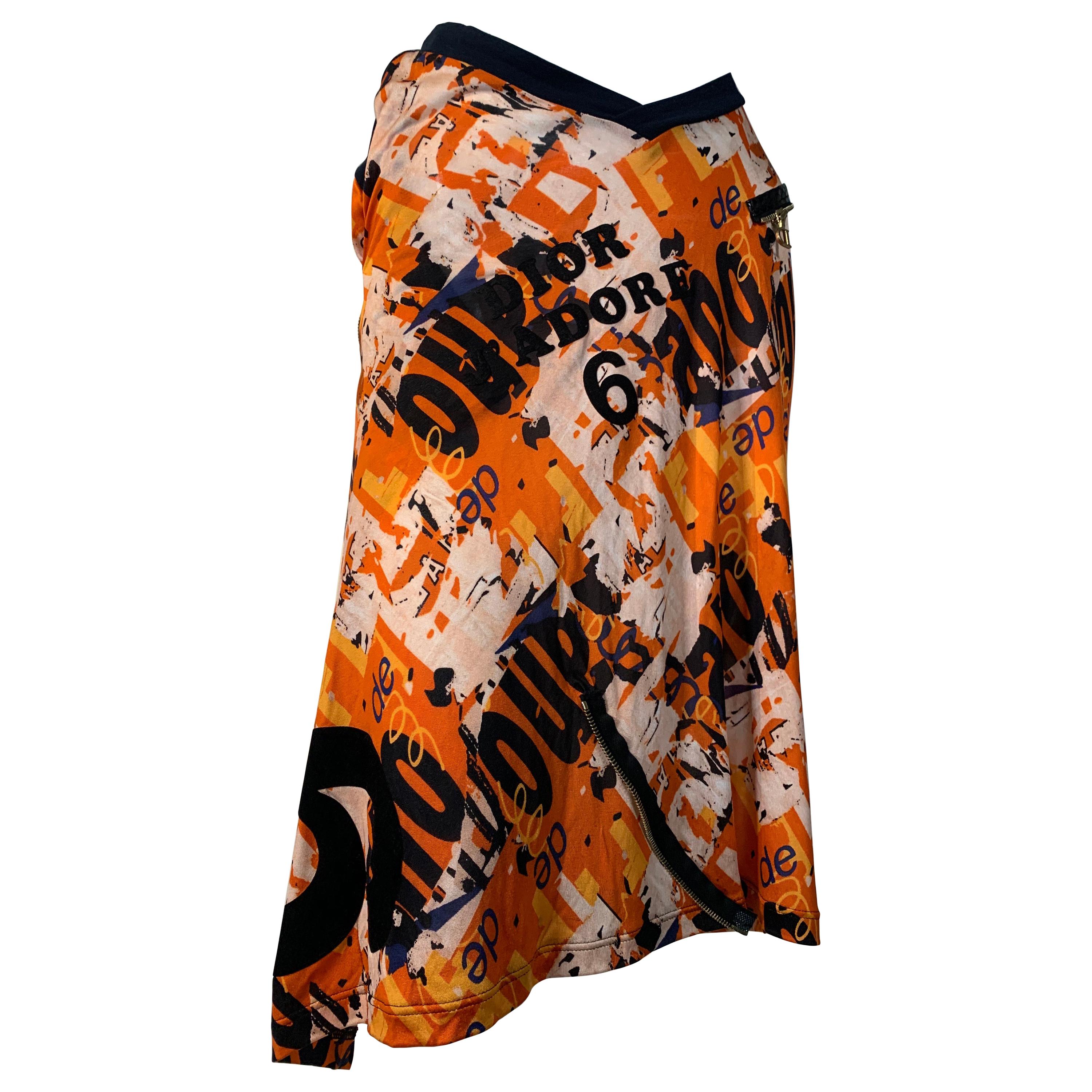 J’Adore Christian Dior by John Galliano Orange Jersey Print Zip Skirt Size 6