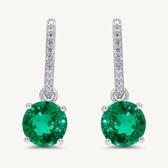 J'Adore Round Emerald and White Diamond 5.51 Carat TW White Gold Drop Earrings