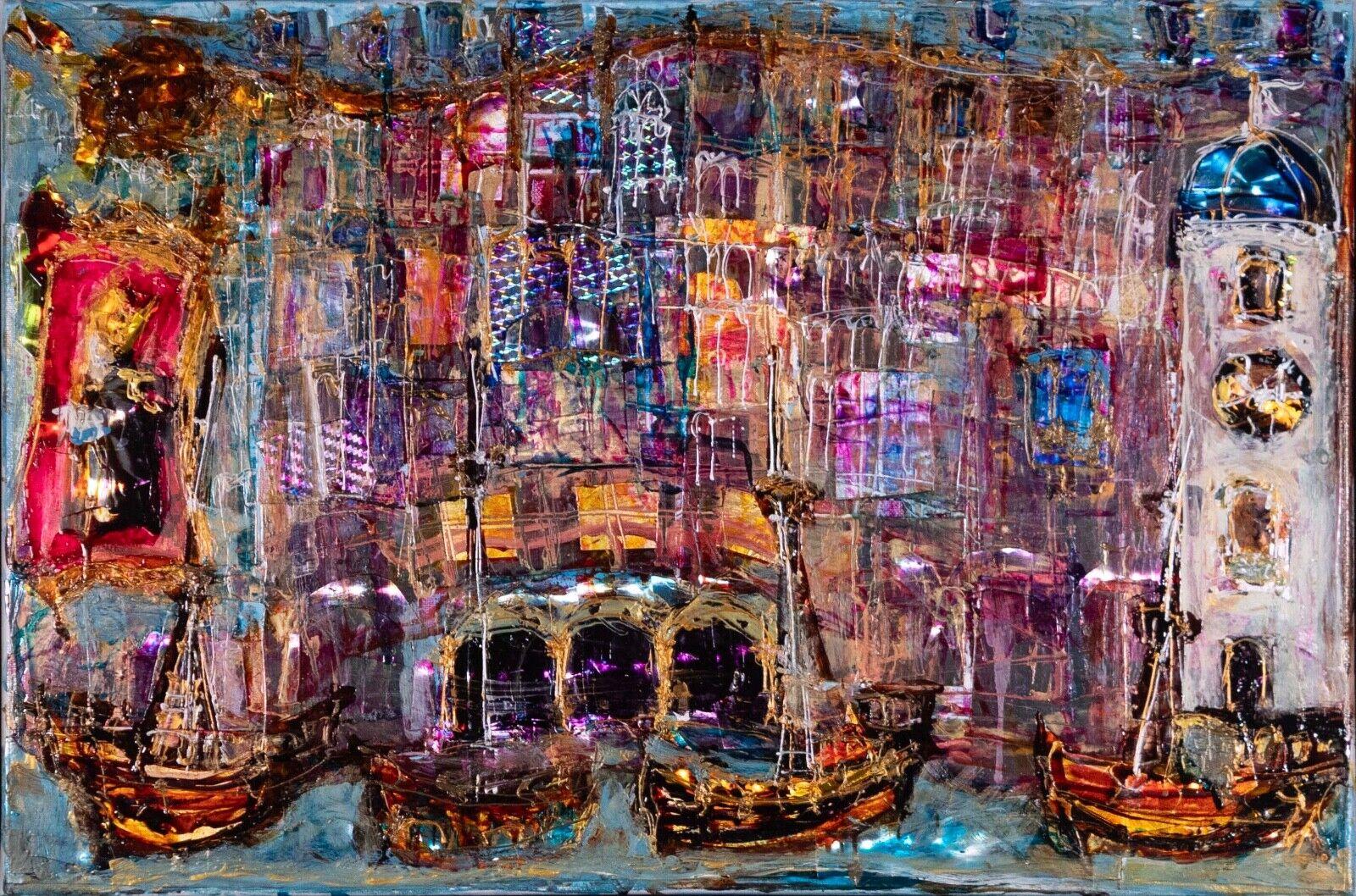 A dramatic yet stunning mixed-media painting on canvas by contemporary Croatian artist Jadranka Munitic. Signed identification card on verso. The painting is a vibrant harbor scene with hypnotic metallic details and lively colors. The artist often