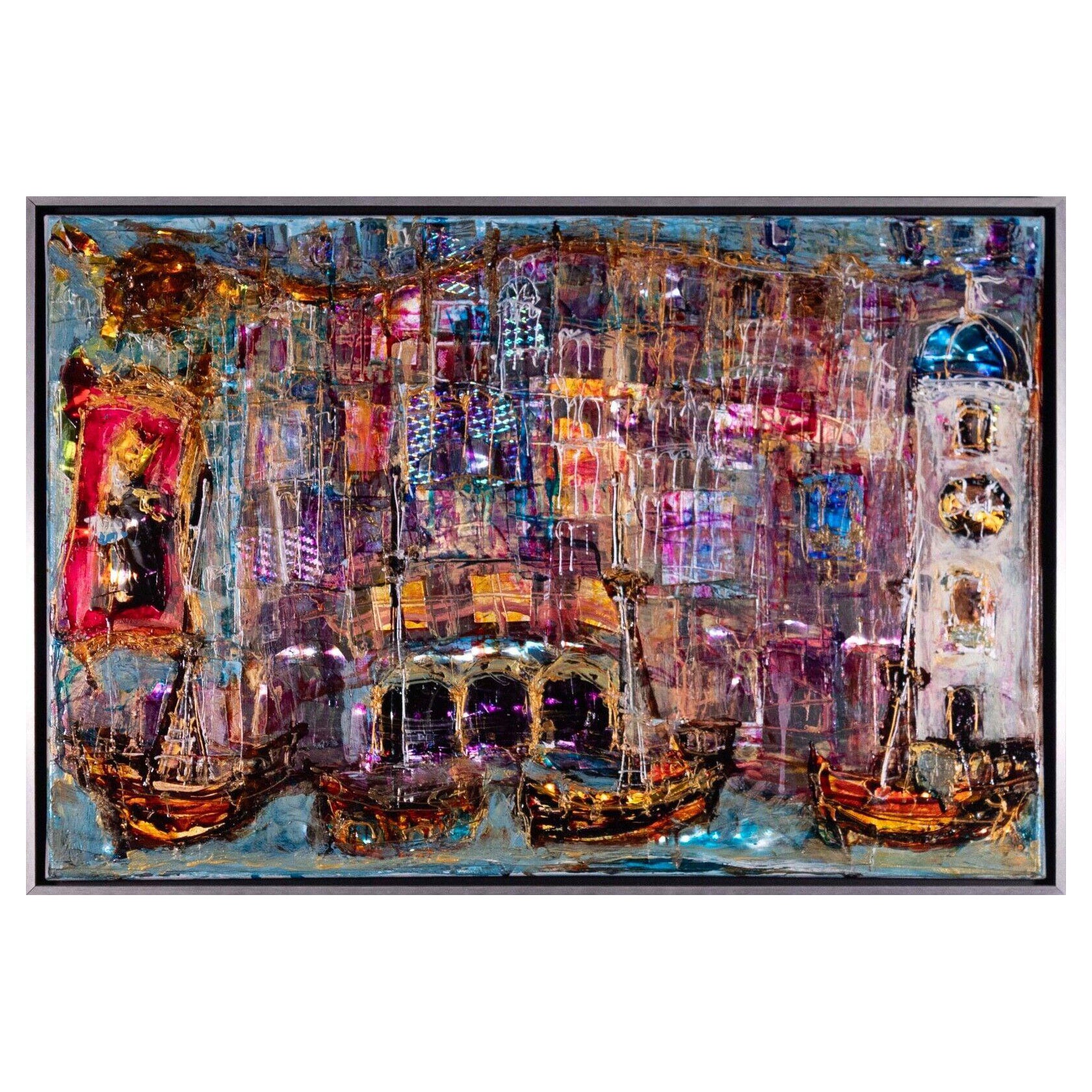 Jadranka Munitic Croatian Harbor with Boats Metallic Mixed Media on Canvas
