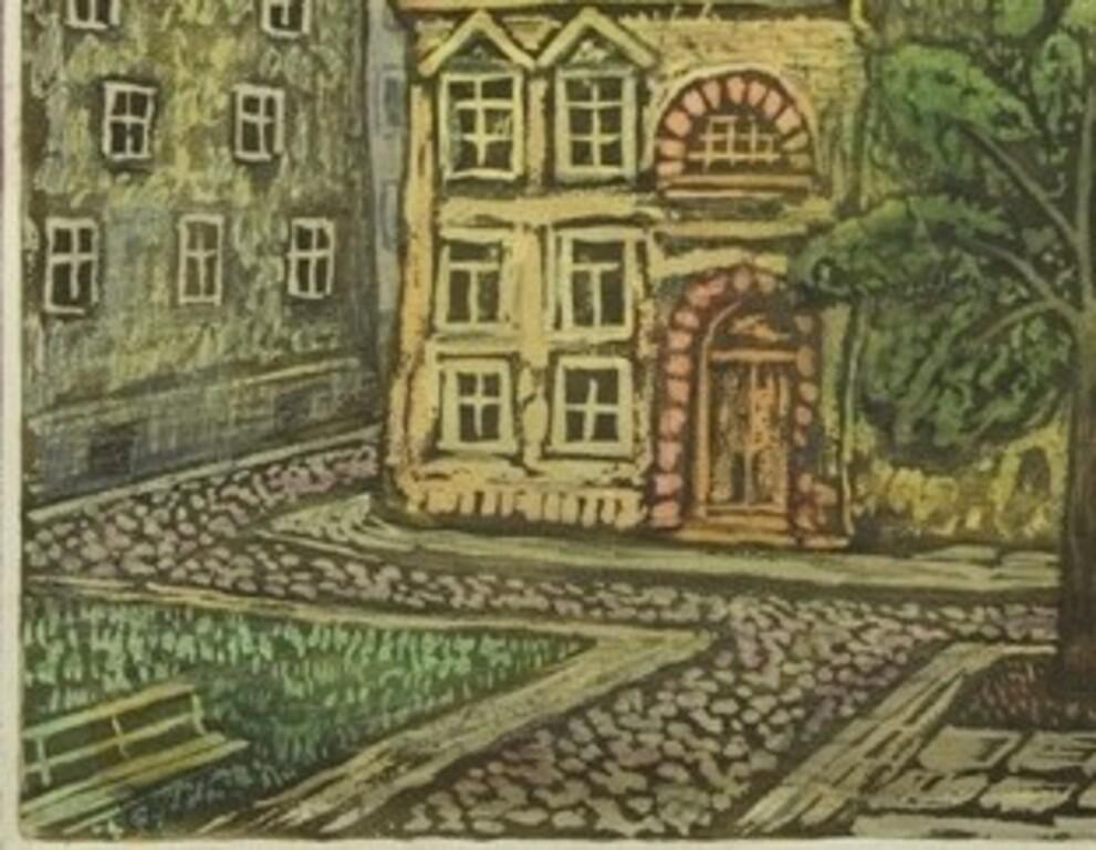 Courtyard à Riga. Années 1980, papier, techniques mixtes, 28 x 38 cm - Painting de Jadviga Zjilvinska 