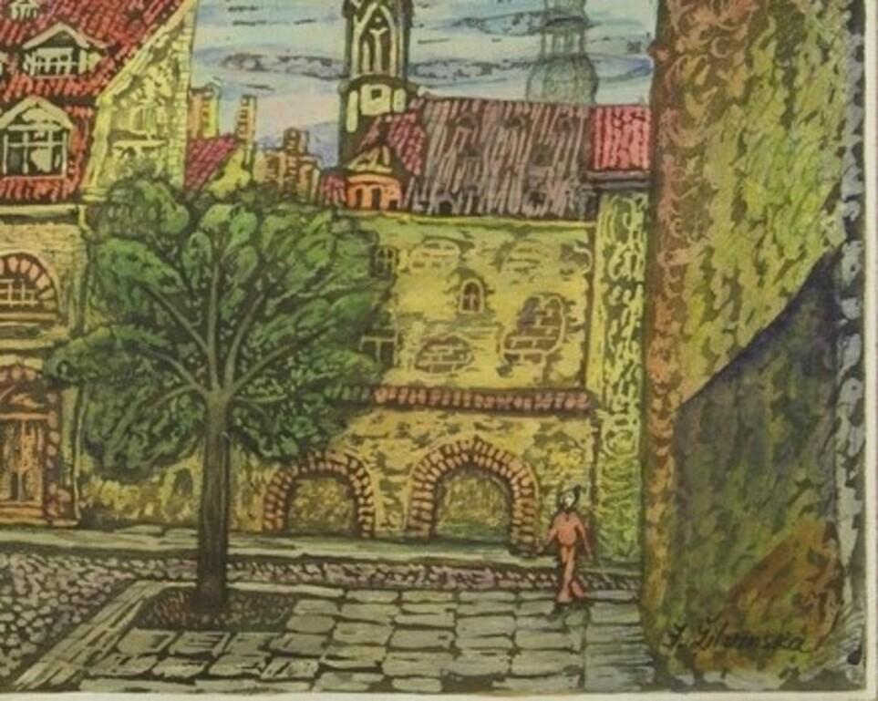 Courtyard à Riga. Années 1980, papier, techniques mixtes, 28 x 38 cm - Marron Landscape Painting par Jadviga Zjilvinska 