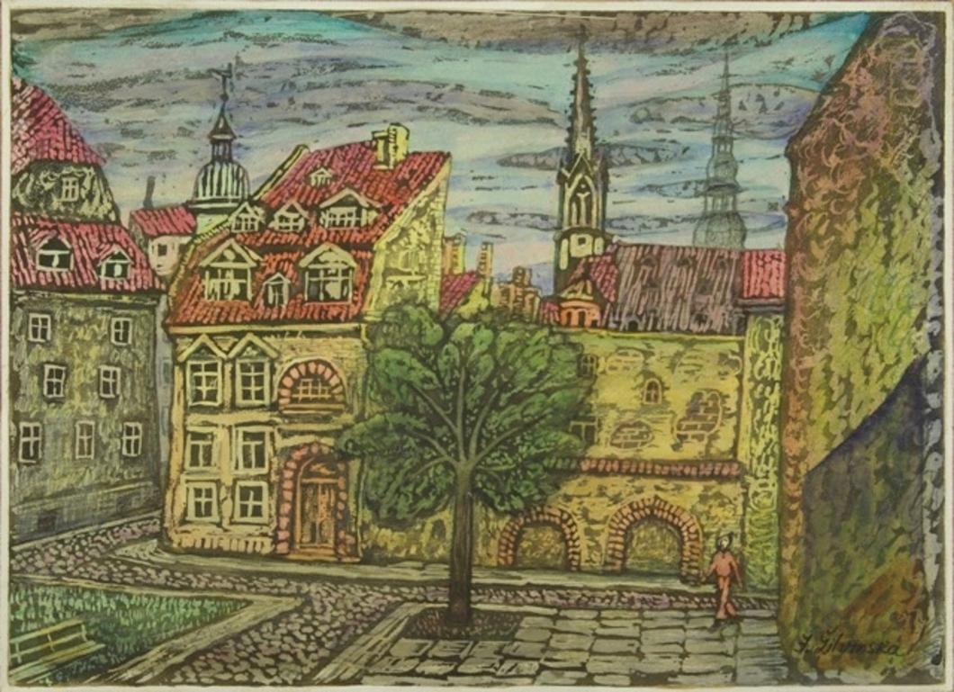 Jadviga Zjilvinska  Landscape Painting – Courtyard in Riga. 1980er Jahre, Papier, Mischtechnik, 28x38 cm