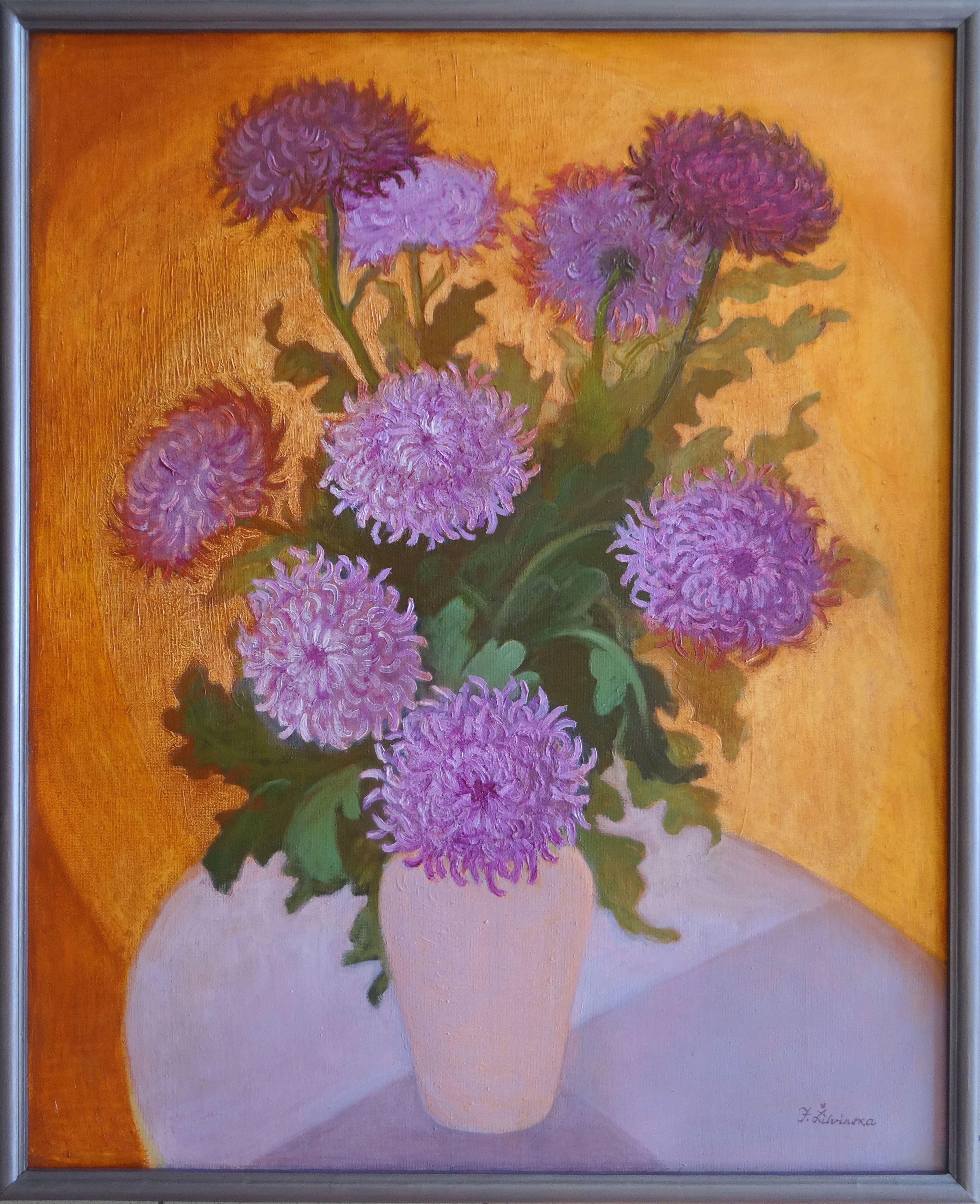 Purple chrysanthemums, 1988. Oil on canvas, 102x83 cm - Painting by Jadviga Zjilvinska 