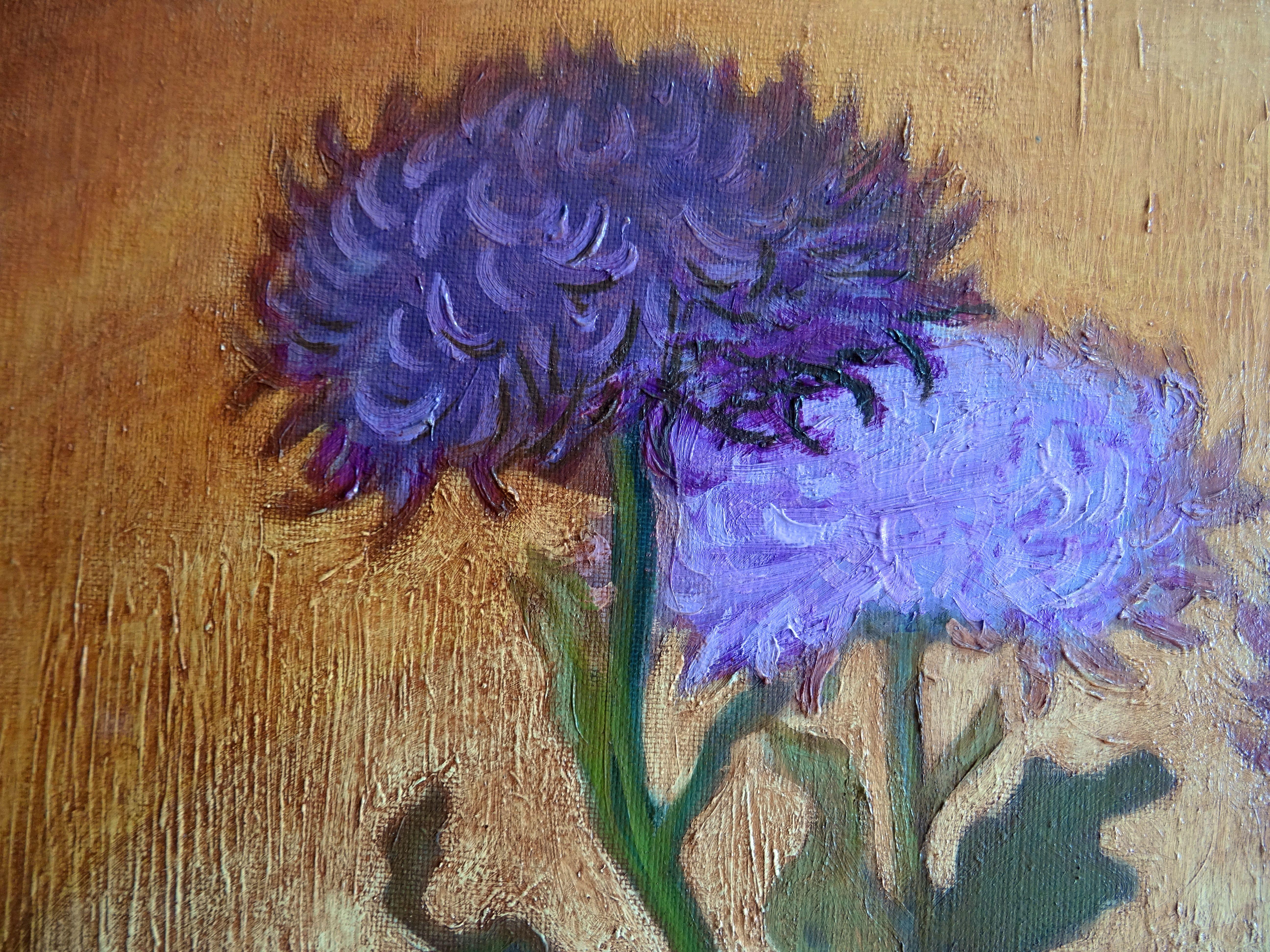 Purple chrysanthemums, 1988. Oil on canvas, 102x83 cm - Brown Interior Painting by Jadviga Zjilvinska 