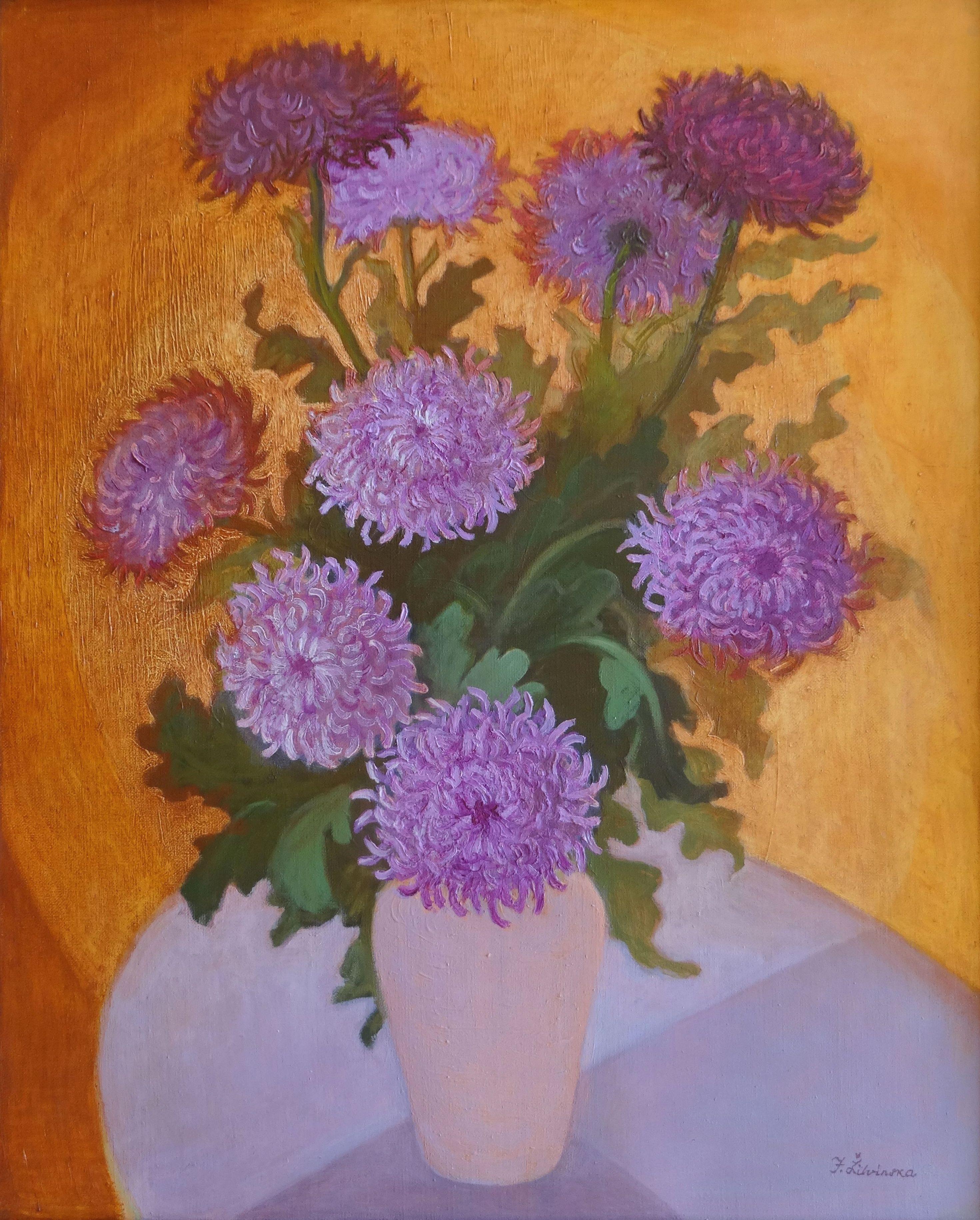 Jadviga Zjilvinska  Interior Painting - Purple chrysanthemums, 1988. Oil on canvas, 102x83 cm