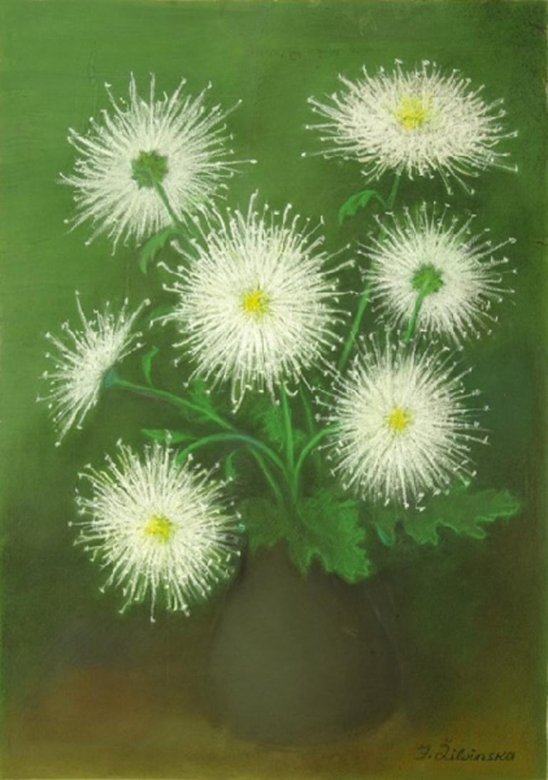 Jadviga Zjilvinska  Still-Life Painting - White asters. 1980's. Paper, pastel, 54x39 cm