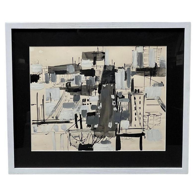 Framed Original Black & White cityscape painting by Jae Carmichael.

Jae Carmichael, painter, sculptor, photographer, writer, and independent filmmaker. She was founding director of Pasadena's Pacific Asia Museum. She staged more than 200 solo