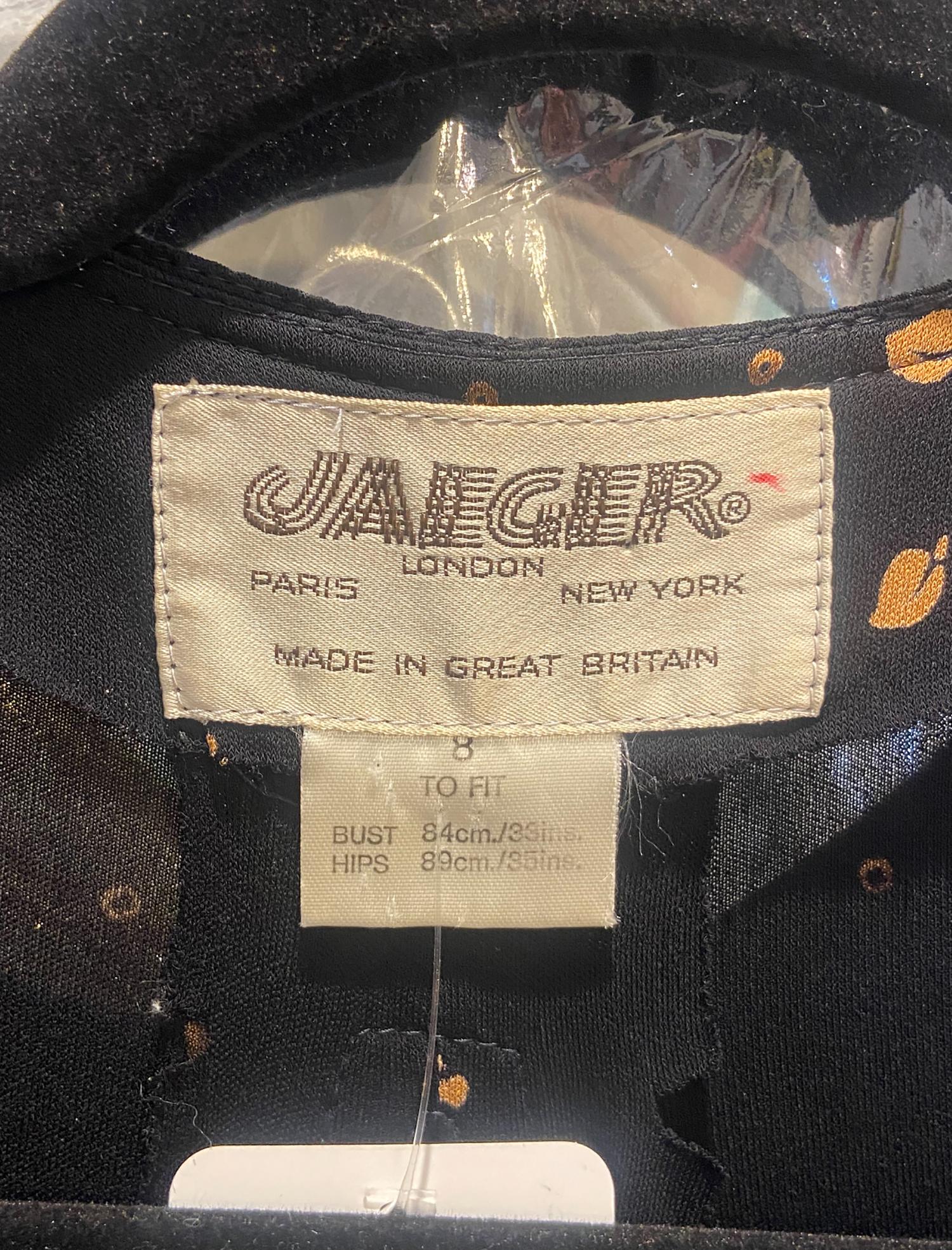 Jaeger 1970s Gold Leaf Printed Black Rayon Open Back Maxi Wrap Dress UK 8  For Sale 9