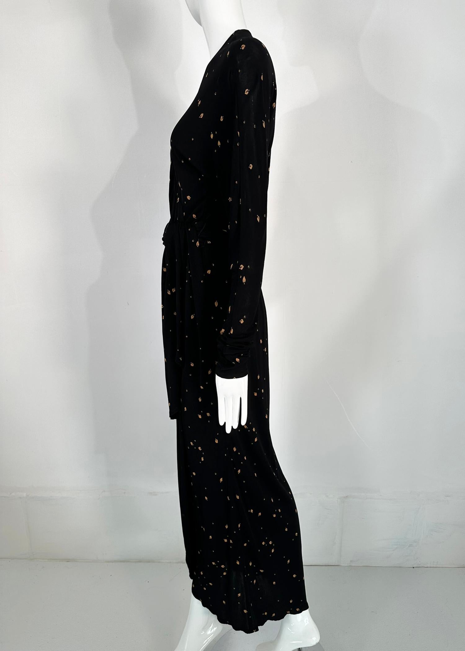 Jaeger 1970s Gold Leaf Printed Black Rayon Open Back Maxi Wrap Dress UK 8  In Good Condition For Sale In West Palm Beach, FL