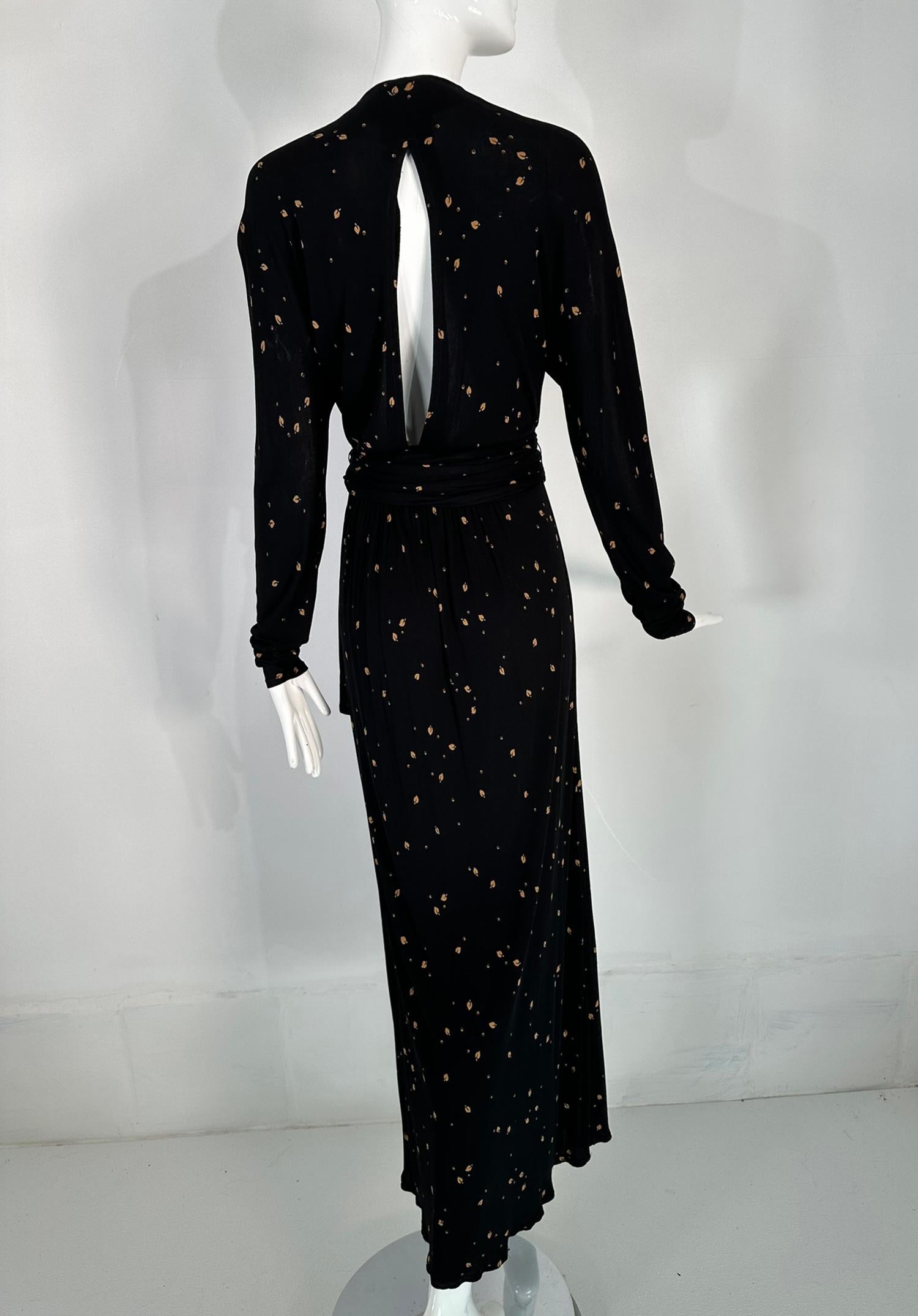 Jaeger 1970s Gold Leaf Printed Black Rayon Open Back Maxi Wrap Dress UK 8 For Sale 3