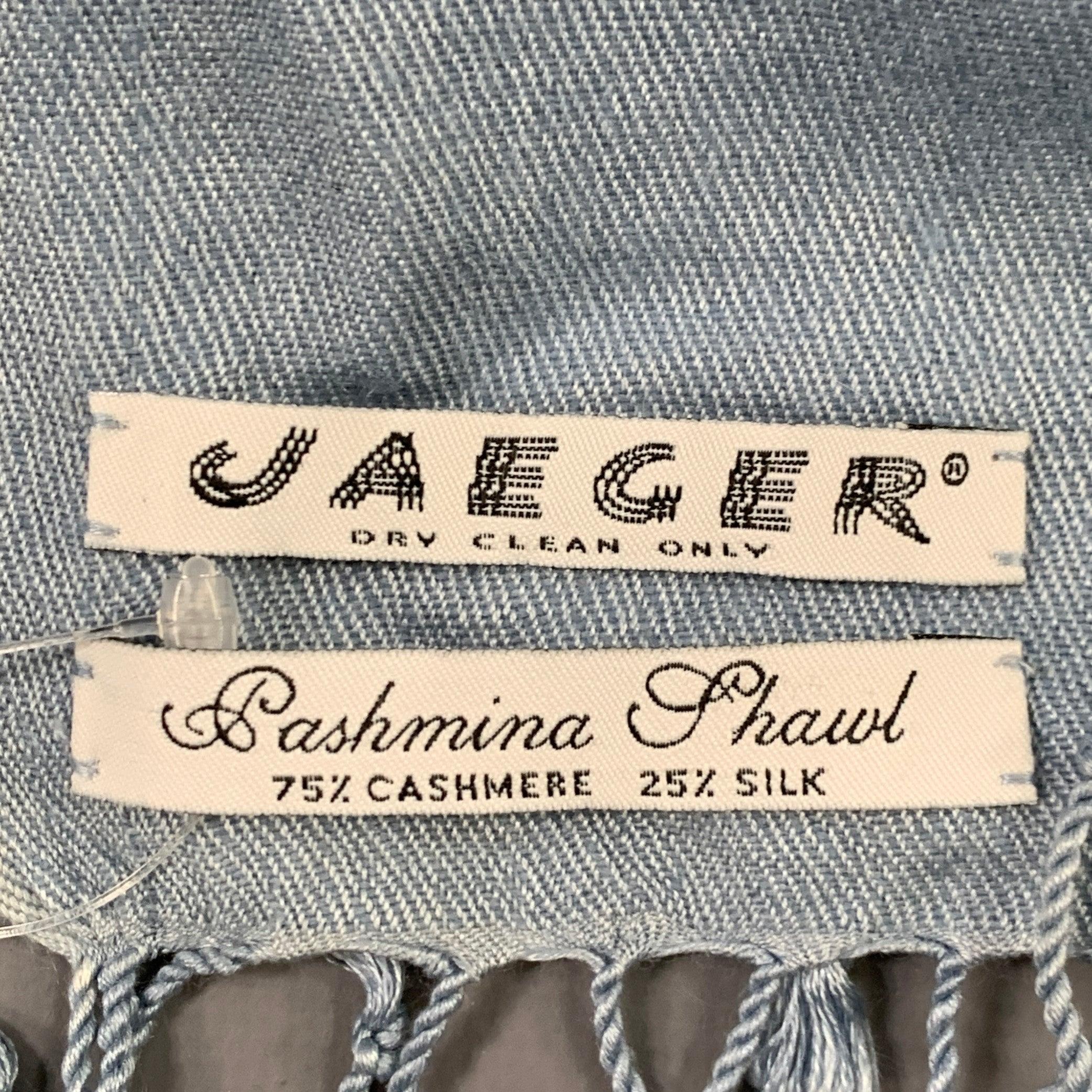 JAEGER Blue Cashmere Silk Fringe Pashmina Scarf Shawl In Good Condition For Sale In San Francisco, CA