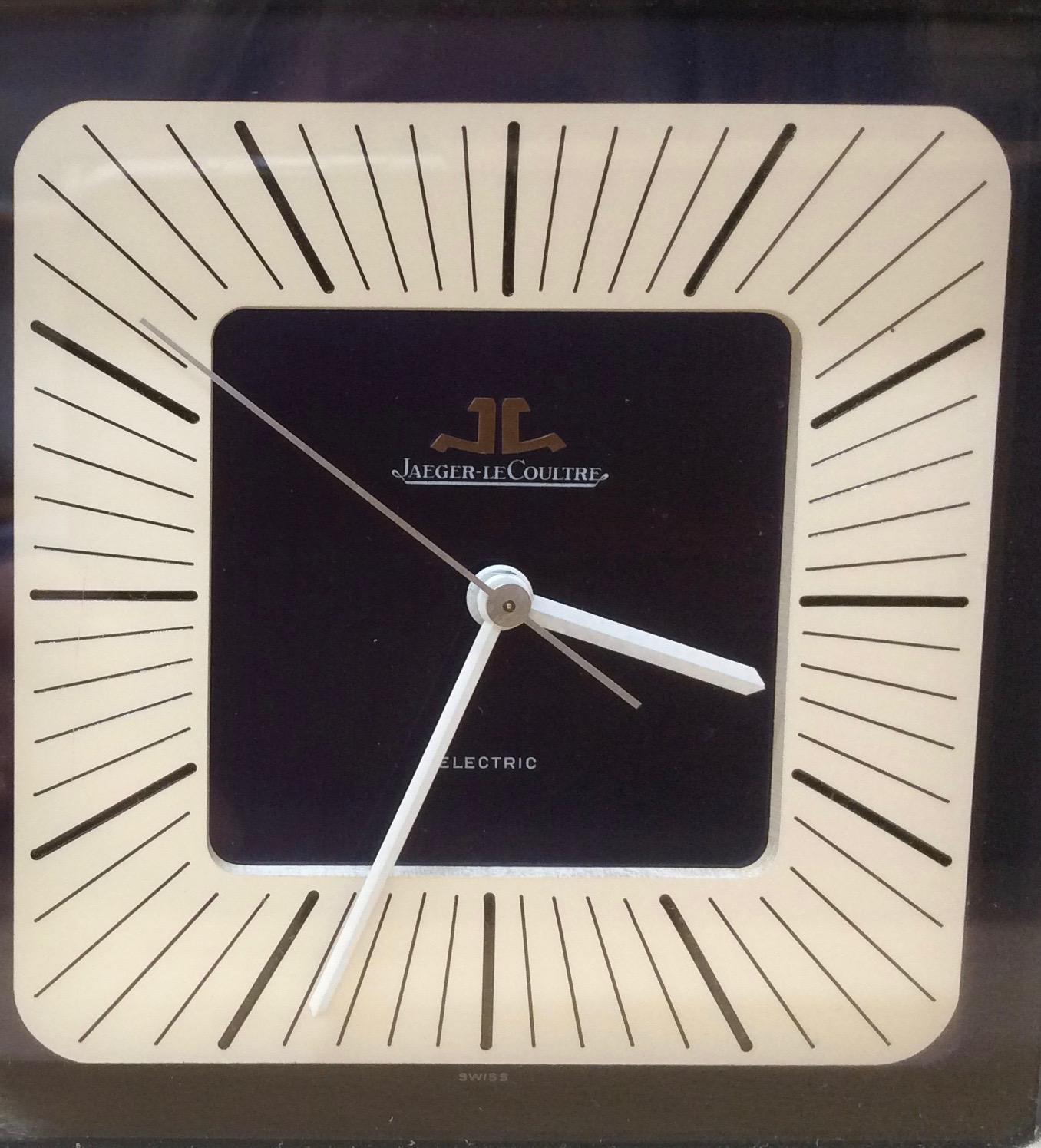 Jaeger-LeCoultre

Weather station housed in a rectangular brushed steel case with main clock dial mounted on a dark blue ground with white raised chapter ring signed ‘Jaeger Le Coultre, Electric’ to the centre. Original hands with centre sweep