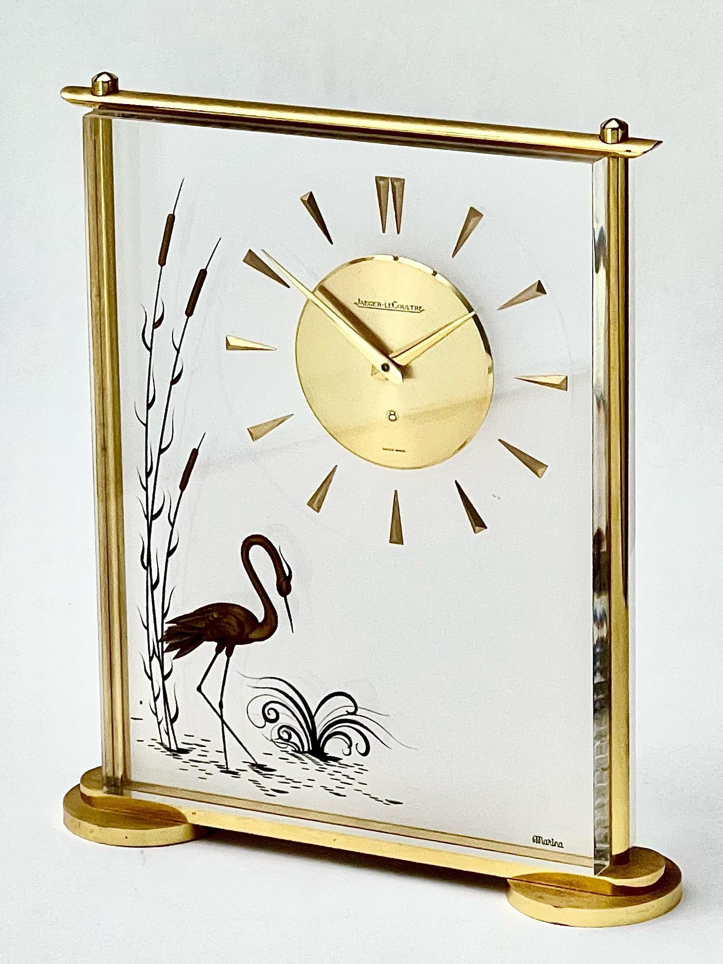 Gilt Jaeger Le-Coultre Mid Century Marina Brass and Glass Clock No. 487