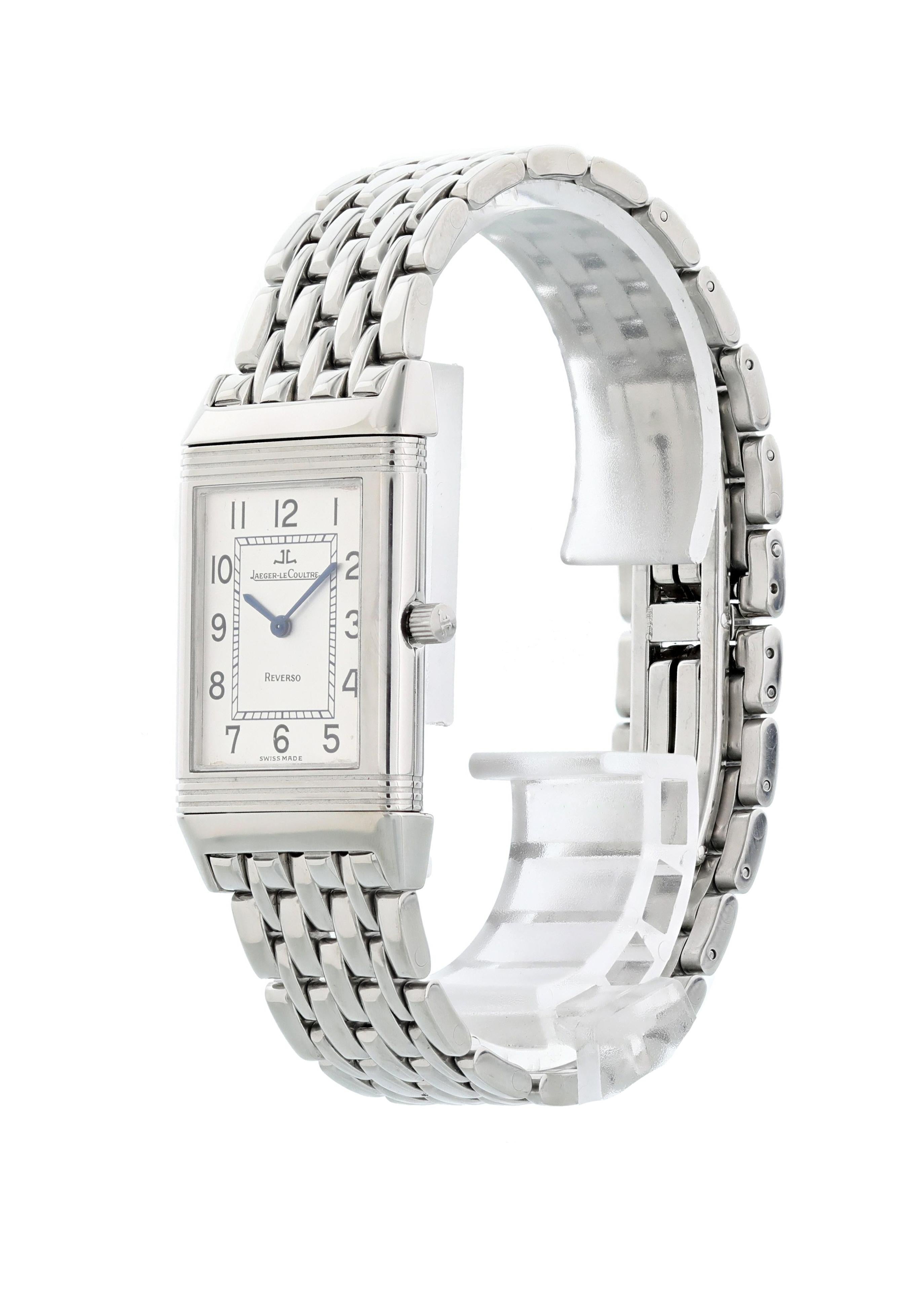 Jaeger-Le Coultre Reverso Classic 250.8.08 Watch. 23mm stainless steel rectangular case with reeded ends rotating within its back plate.  Silver dial with blue steel hands and Arabic numeral hour markers. Minute markers around an inner ring.