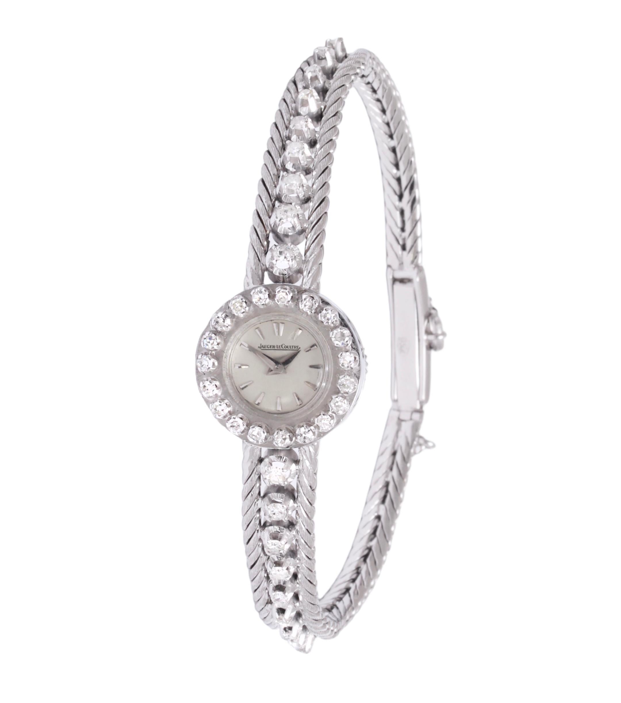 Jaeger Le Coultre Solid 18 kt Gold with Diamonds Collectors Backwinder Dress Wrist Watch

Movement : Mechanical Manual Winding Backwinder Movement

Case : 16.3 mm

Strap : 18 Kt Gold with Diamonds, will fit a 18 cm wrist

Total Weight : 25.2 Gram