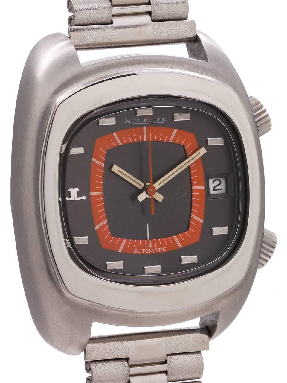 Modernist Jaeger LeCoultre Stainless Steel Memovox Alarm Self-Winding Wristwatch, c1970s