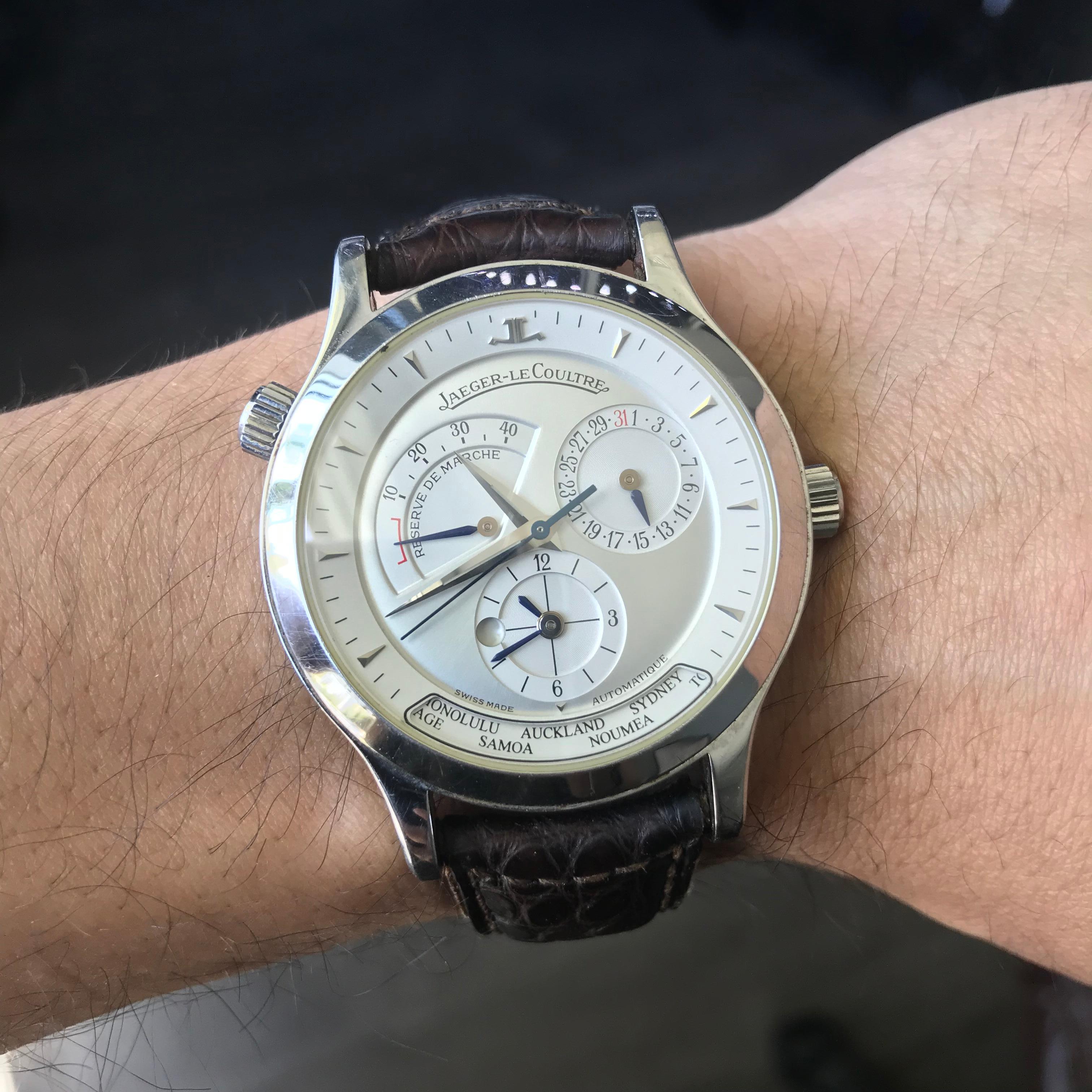Jaeger-LeCoultre 142.8.92 Master Geographic Stainless Steel Watch In Excellent Condition In Boca Raton, FL