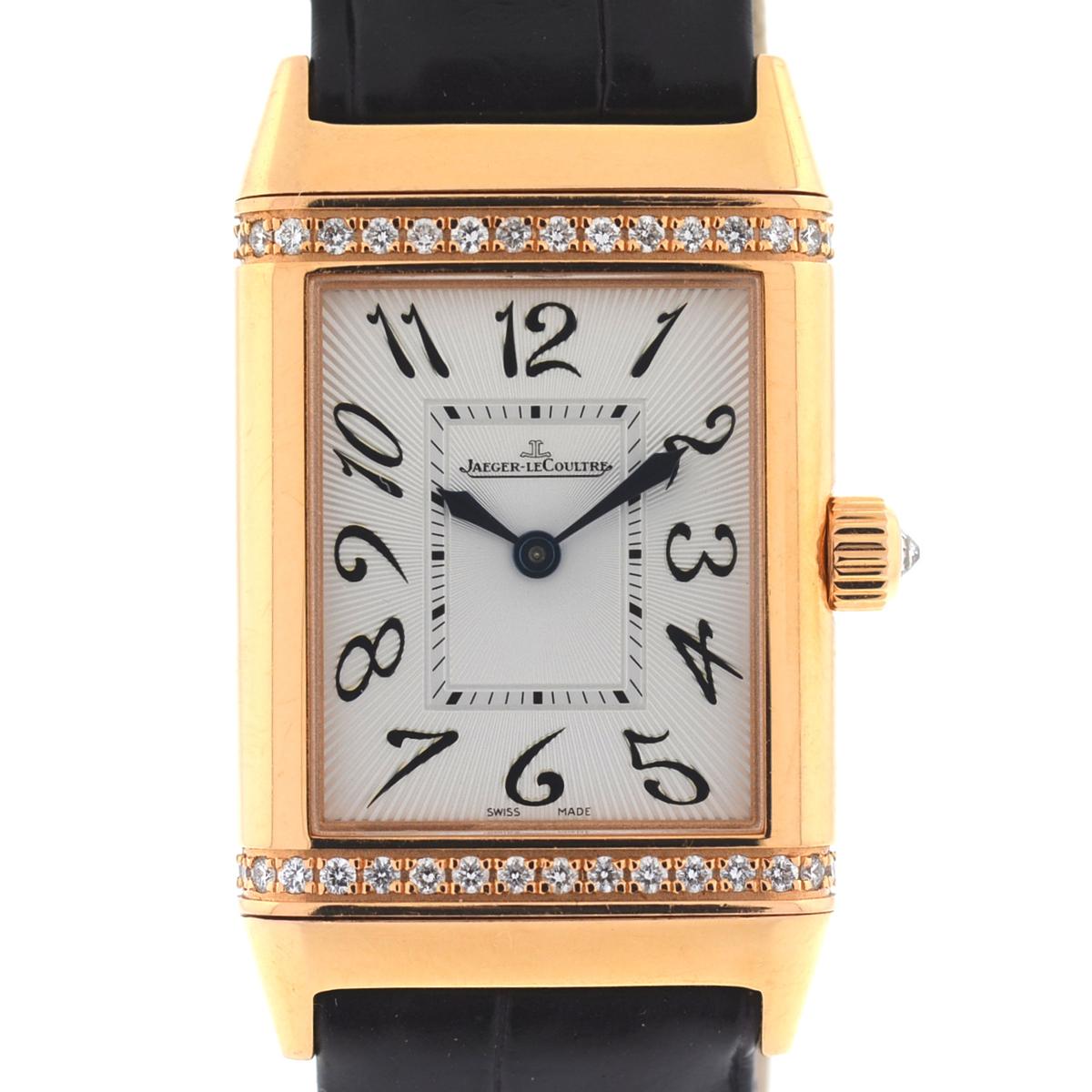 Company - Jaeger Lecoultre
Style - Luxury Dress Watch
Model - Reverso Duetto 
Reference Number - 256.2.75
Case Metal - 18k Rose Gold 
Case Measurement - 25 mm
Bracelet - Leather 
Dial - White / Black
Bezel - 18k Rose Gold w/ Diamonds
Crystal -