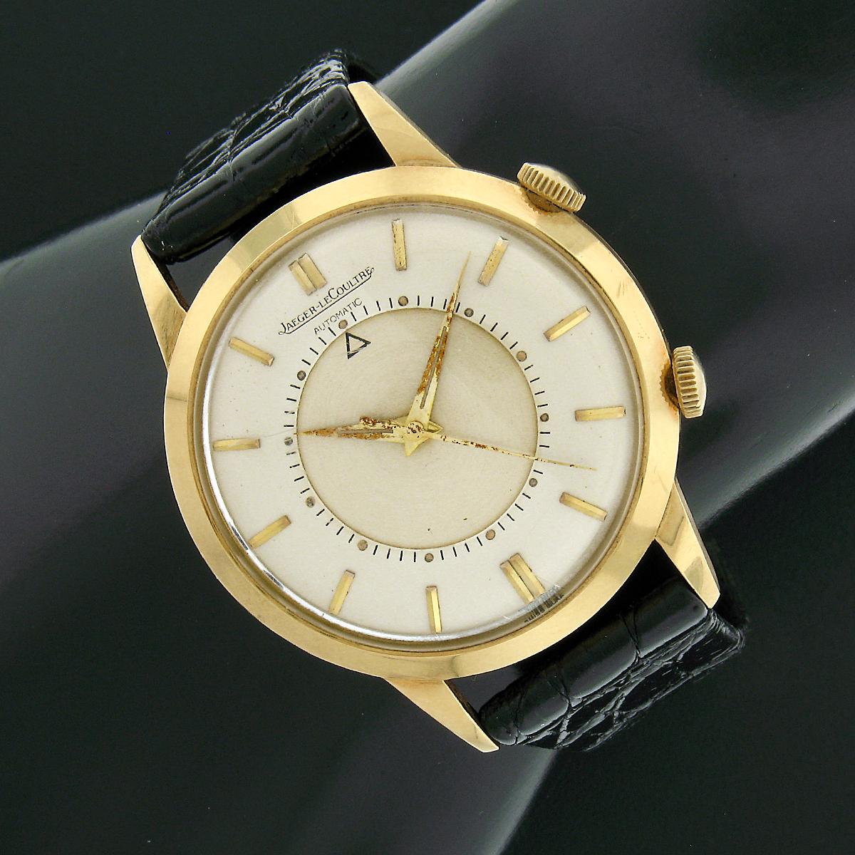 Jaeger LeCoultre 18k Gold Memovox Automatic 37mm Mechanical Alarm Wrist Watch For Sale 4