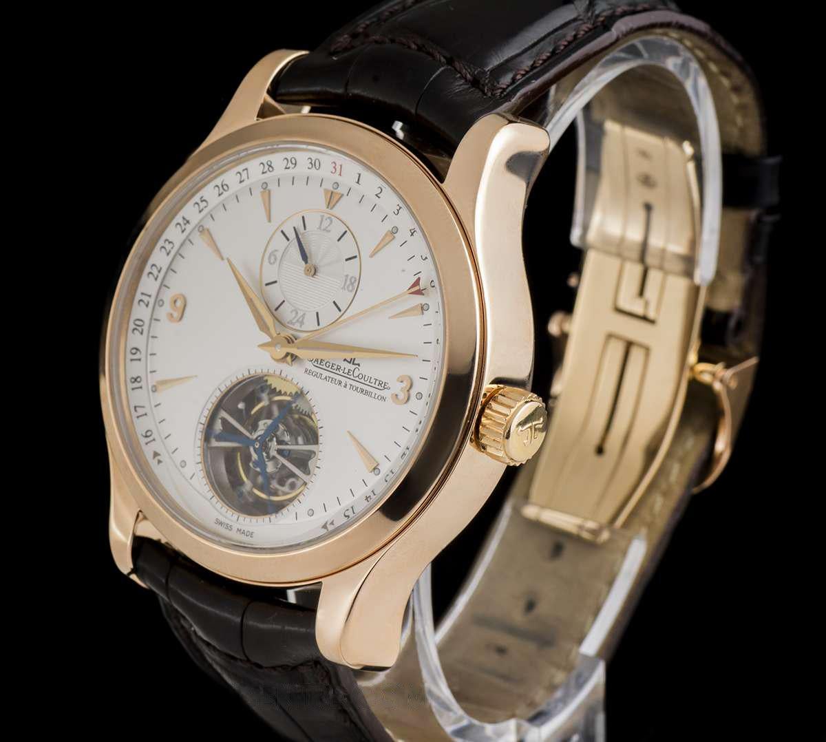 A 42 mm 18k Rose Gold Master Tourbillon Gents Wristwatch, silver dial with applied hour markers and applied arabic numbers 3 and 9, outer date ring with central hand, second time zone at 12 0'clock, a fixed 18k rose gold polished bezel, an original