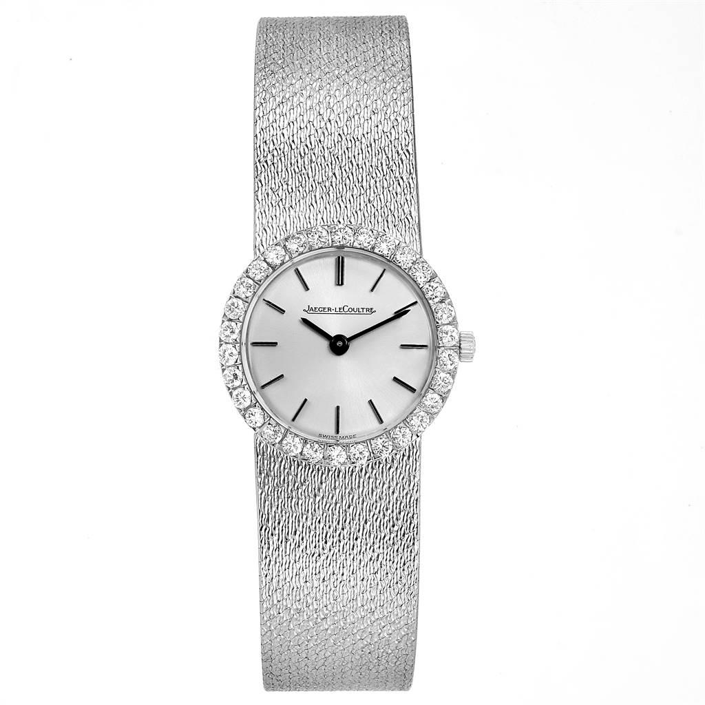 Jaeger LeCoultre 18K White Gold Diamond Vintage Coctail Ladies Watch. Manual winding movement. 18k white gold oval case 23.0 mm in diameter. 18k white gold factory diamond bezel. Scratch resistant sapphire crystal. Silver dial with raised baton hour