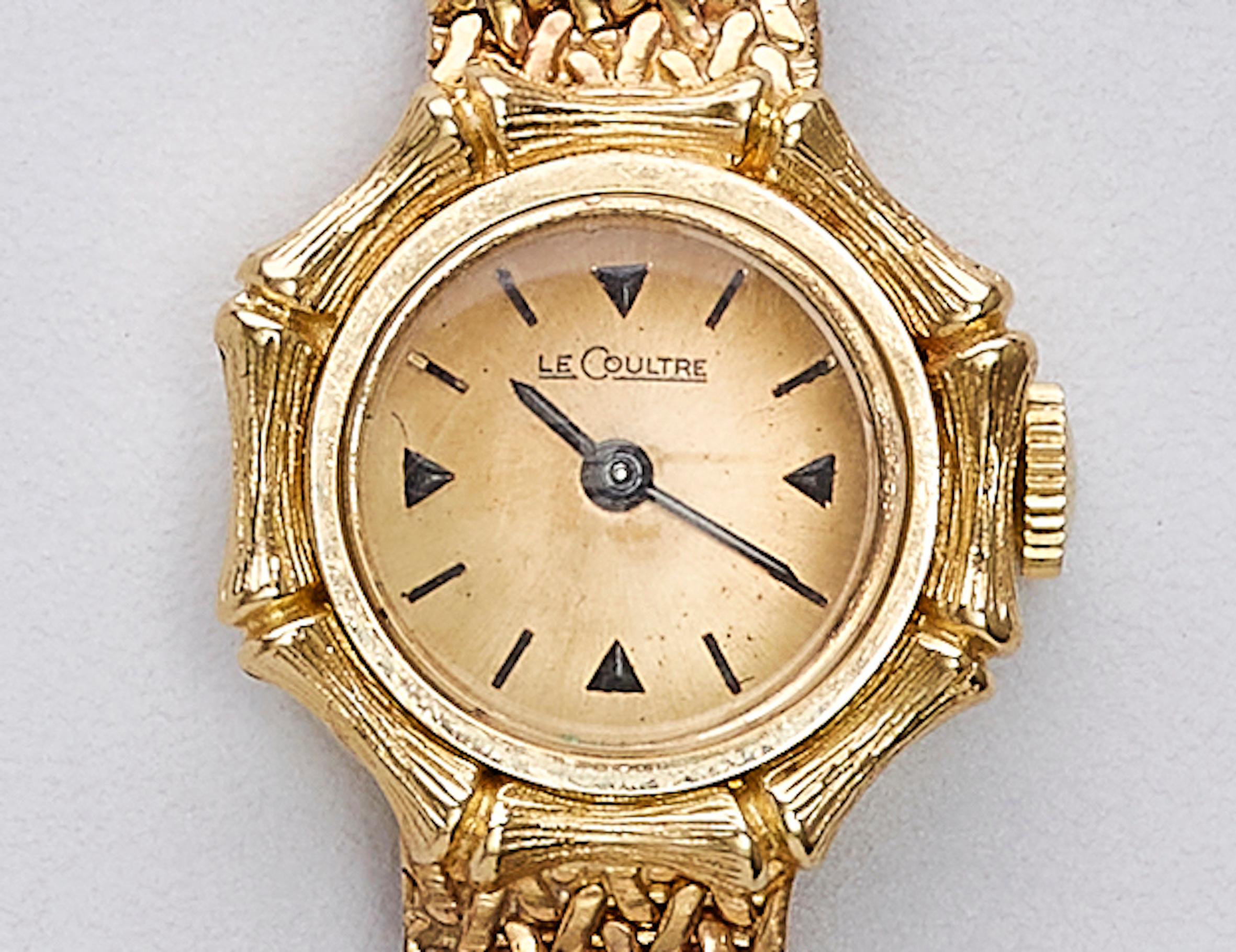 Jaeger-LeCoultre 18k Yellow Gold Lady Wrist Watch 

Amazing women wrist watch by Jaeger LeCoultre. Made of 18k yellow gold. Black dials.
Manual movement. 
Dial diameter is 18 mm
Total Weight: 26 grams. Length: 18 cm
