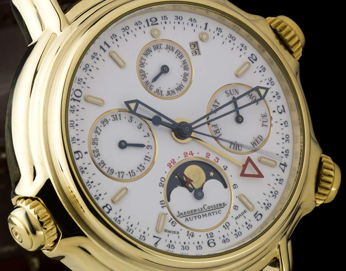 Jaeger LeCoultre 18 Karat Yellow Gold Perpetual Calendar Alarm 180.1.99 In Excellent Condition In London, GB