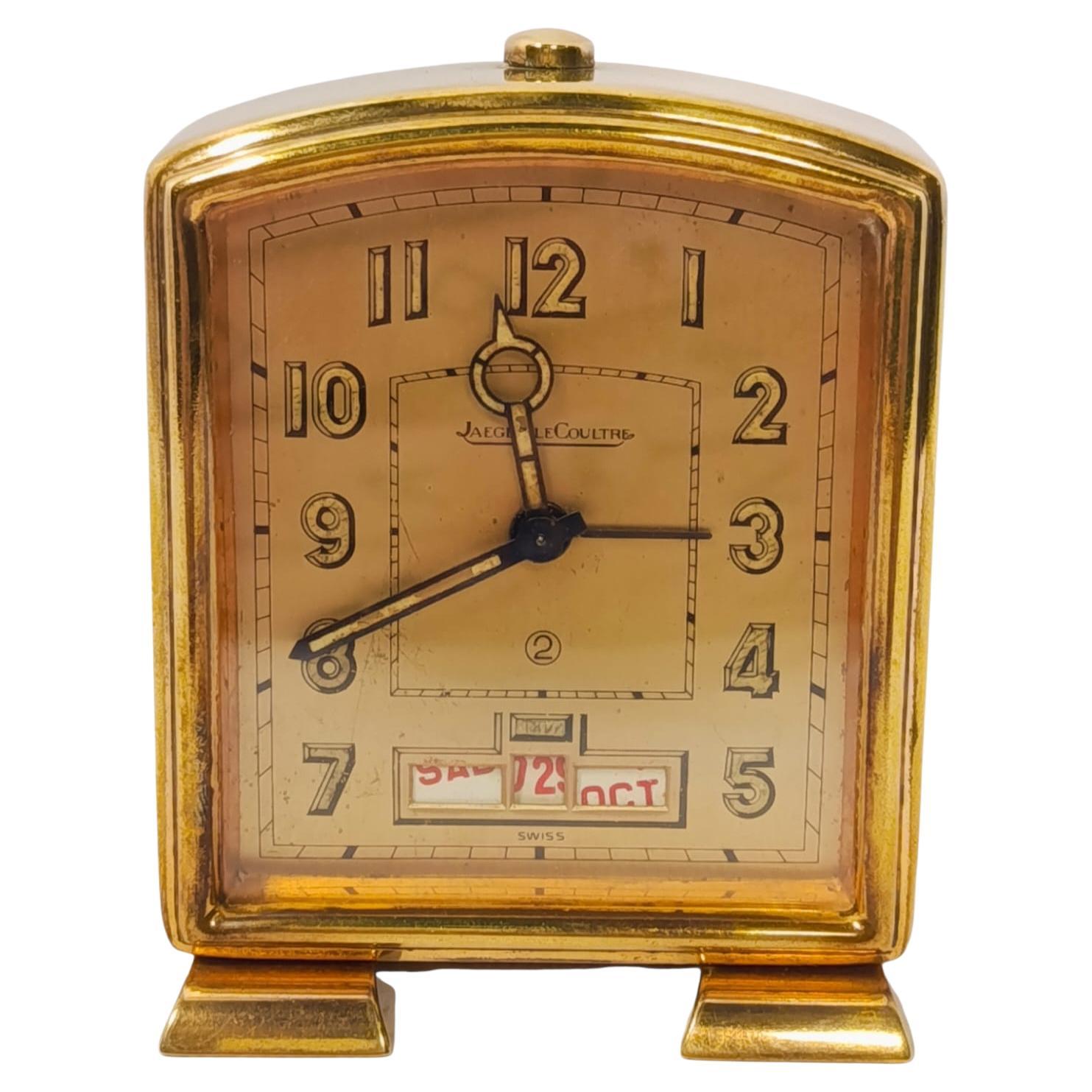 Jaeger LeCoultre 1950 Eight Day Travel Alarm Clock with Calendar Art Deco For Sale