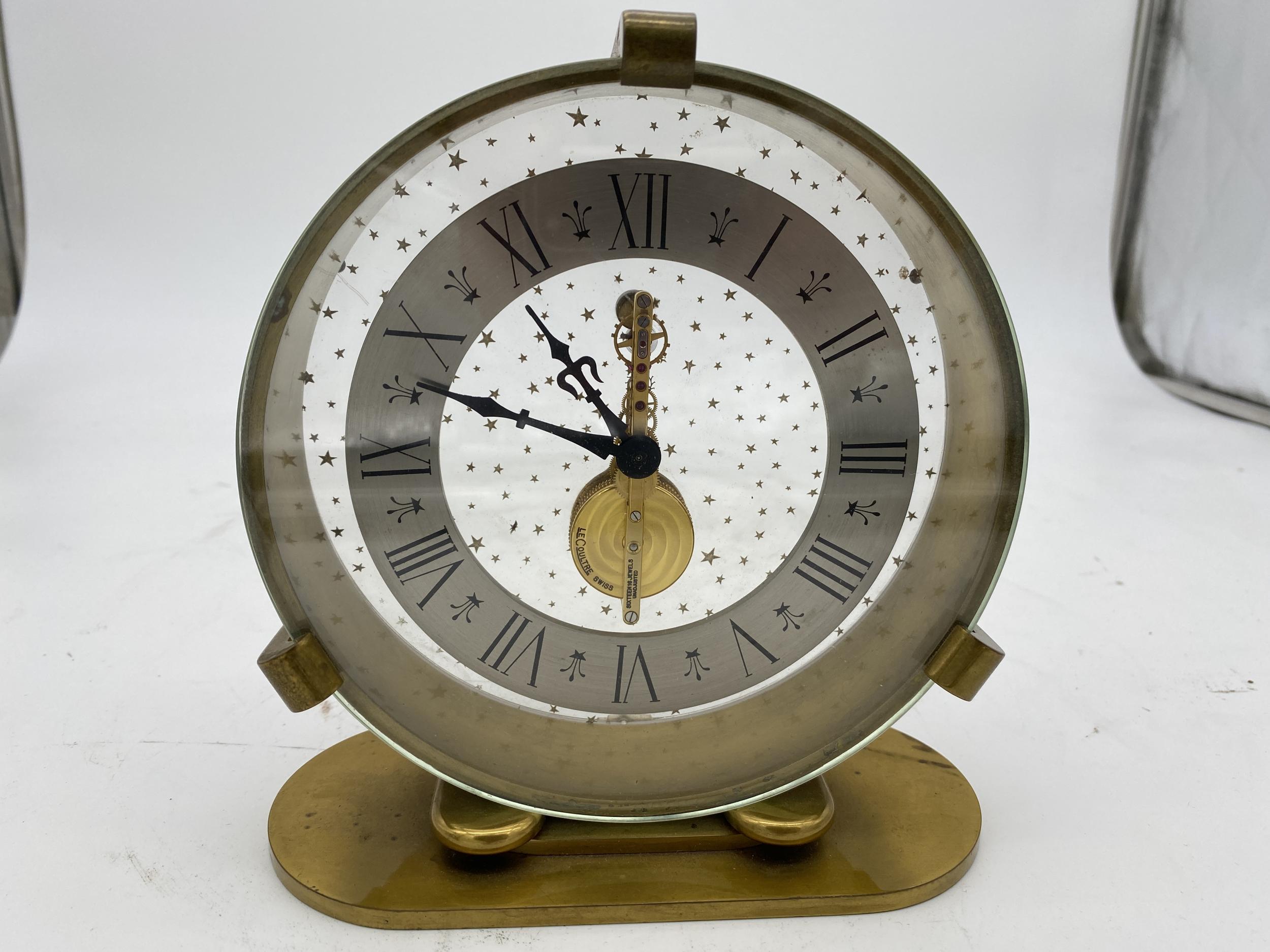 Mid-Century Modern Jaeger Lecoultre 8 Days Inline Table Gold Table Clock w/ Star Dial, circa 1967