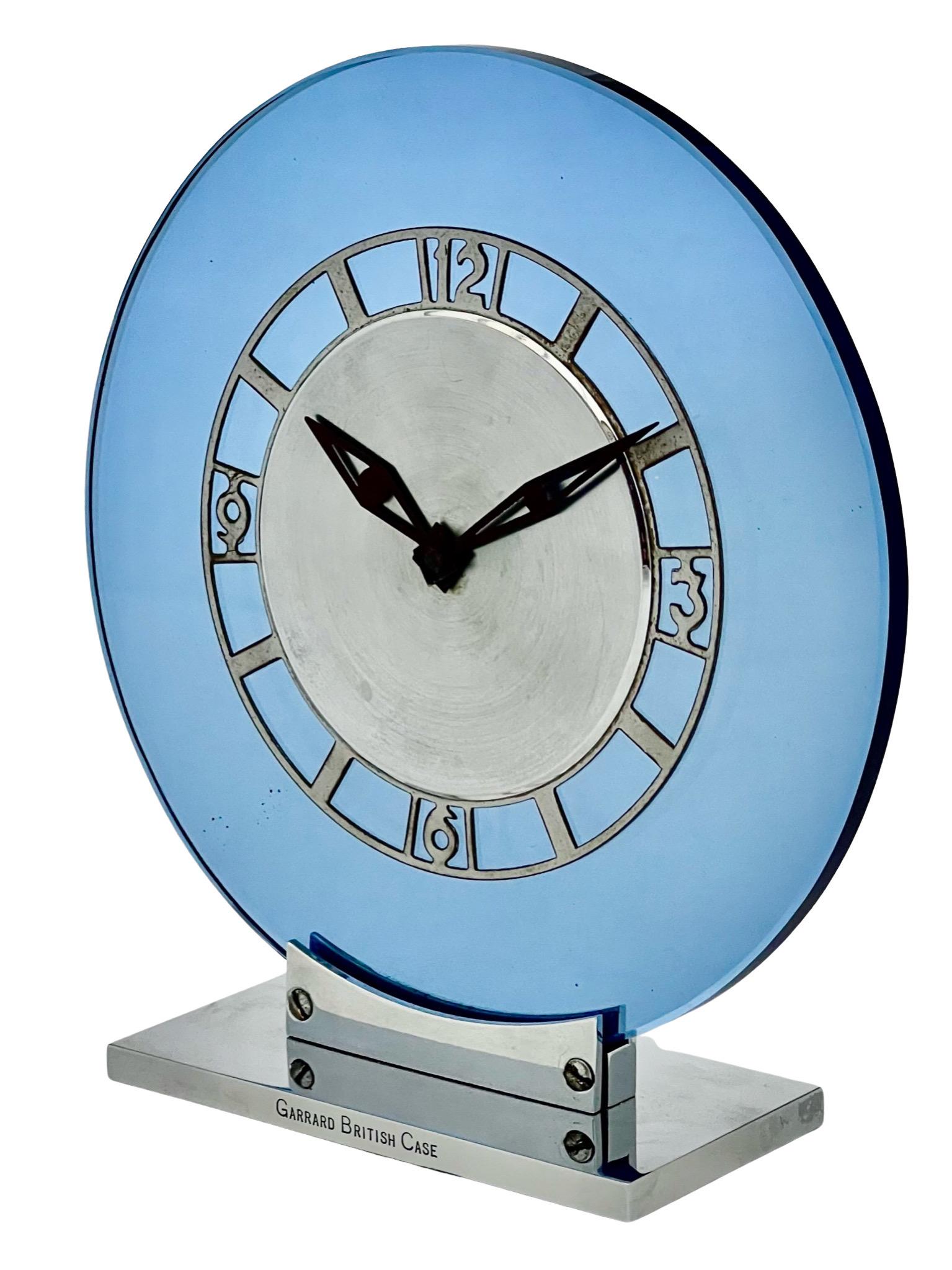 Swiss Jaeger LeCoultre Art Deco Chrome and Cobalt Blue Glass Eight Day Mantel Clock