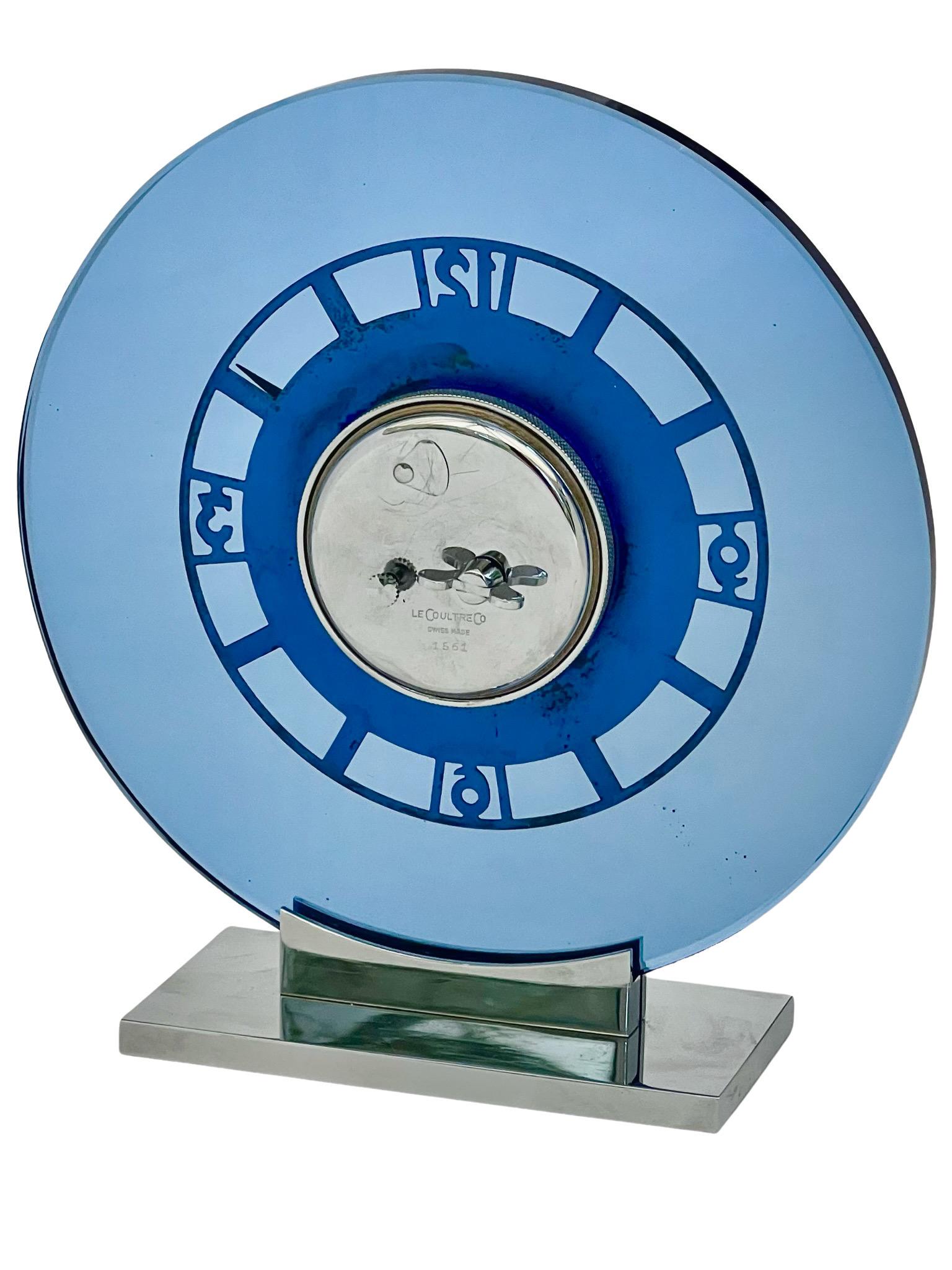 Mid-20th Century Jaeger LeCoultre Art Deco Chrome and Cobalt Blue Glass Eight Day Mantel Clock