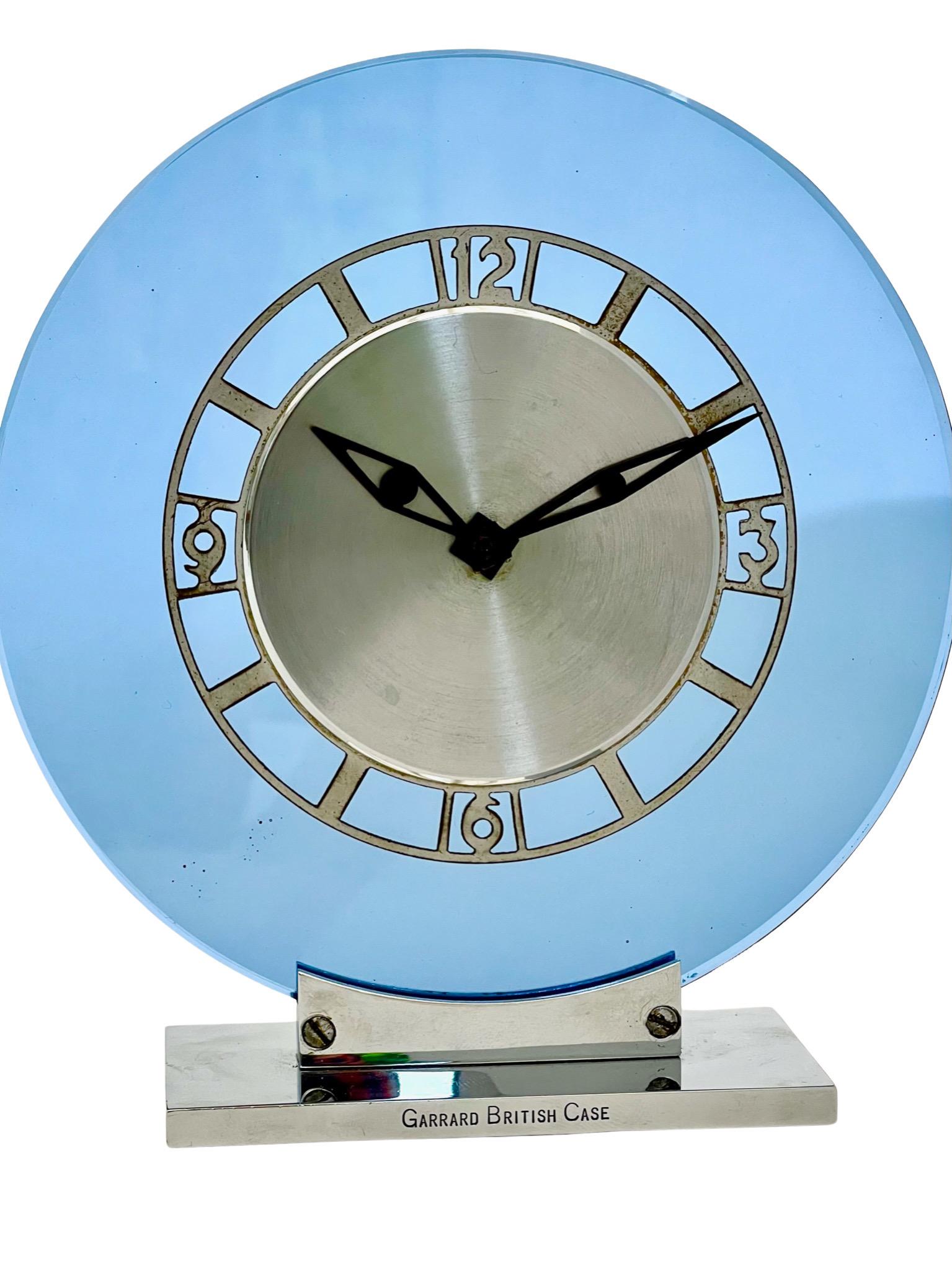 Jaeger LeCoultre Art Deco Chrome and Cobalt Blue Glass Eight Day Mantel Clock 3