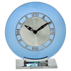 Jaeger LeCoultre Art Deco Chrome and Cobalt Blue Glass Eight Day Mantel Clock