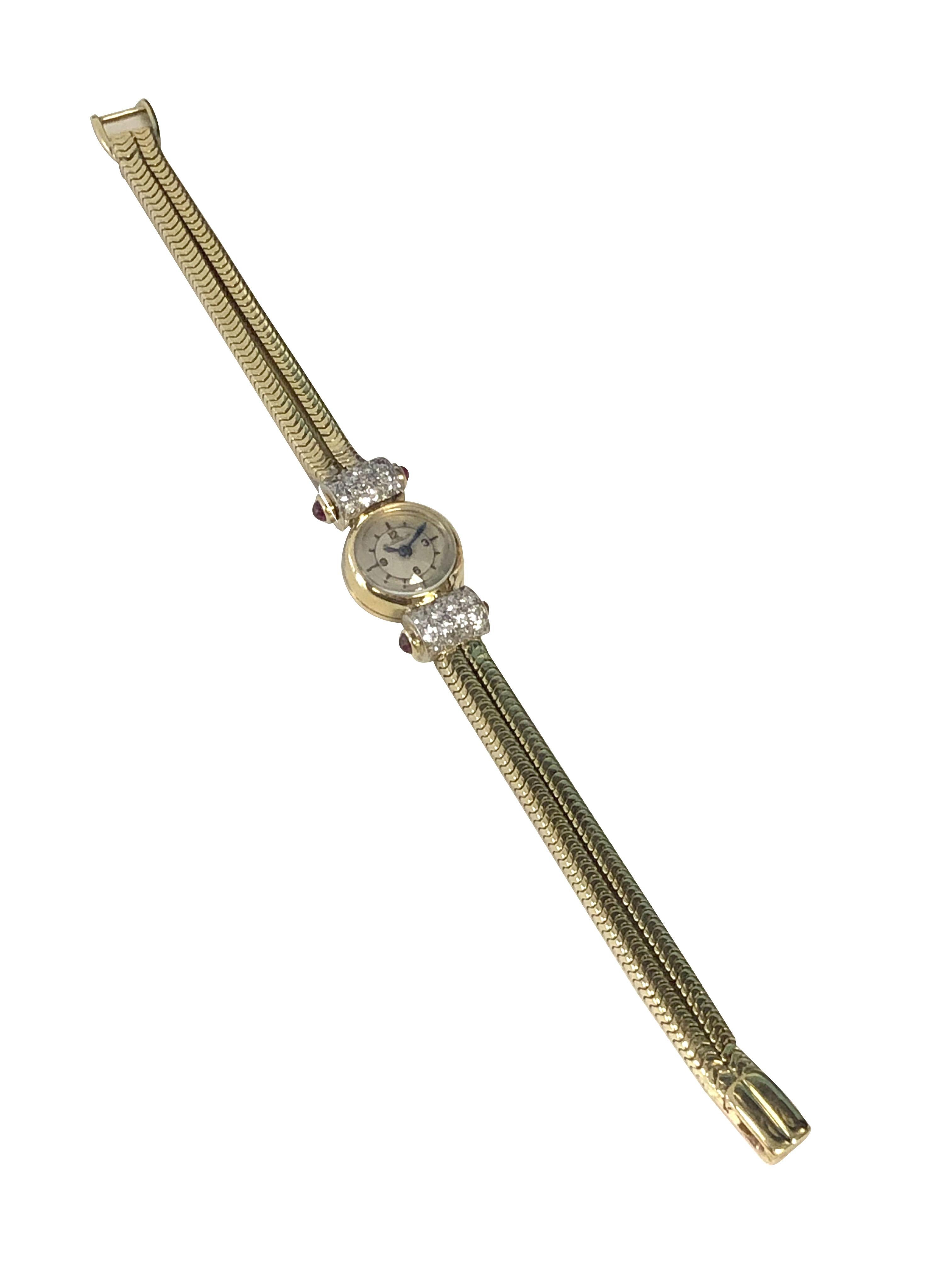 Round Cut Jaeger-LeCoultre Art Deco Gold and Gem Set Ladies Wristwatch