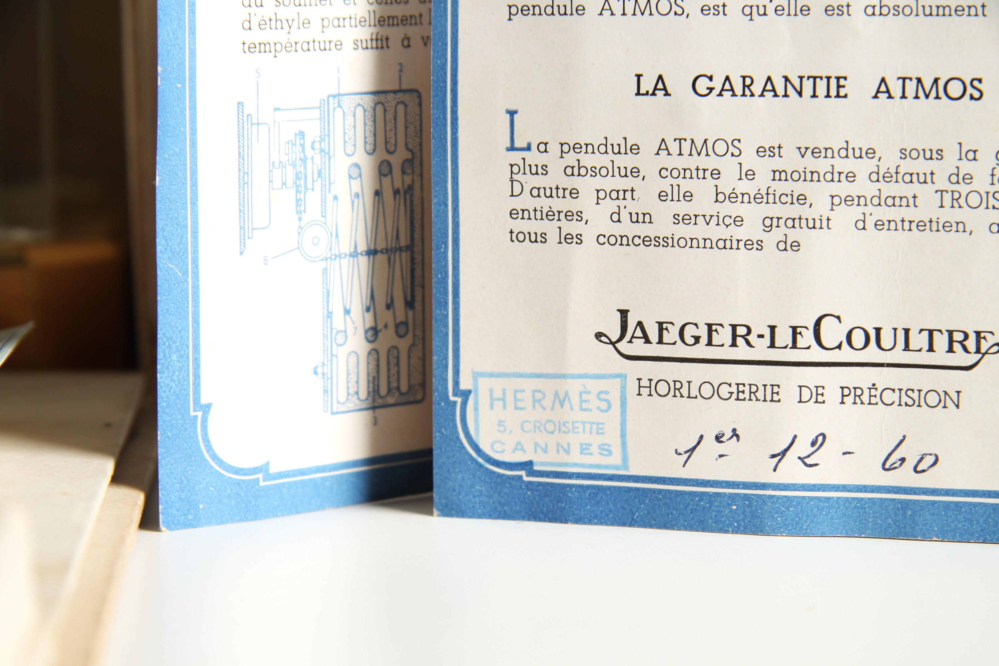 Jaeger-LeCoultre, pendule Atmos pour Hermès, ensemble complet avec boîte et papiers, 1959 6