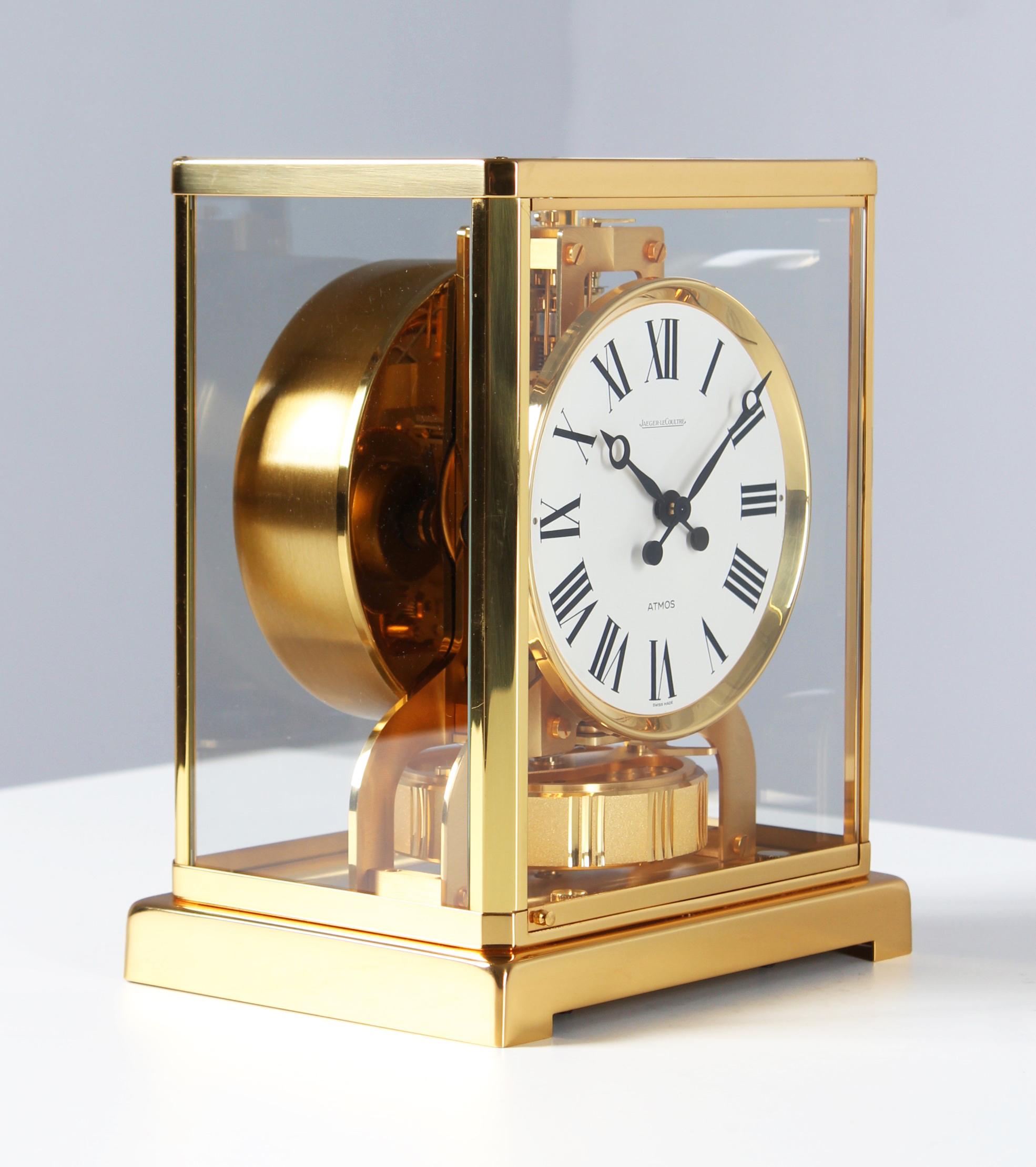 Gilt Jaeger LeCoultre, Atmos Clock From 1980 With Full Dial For Sale
